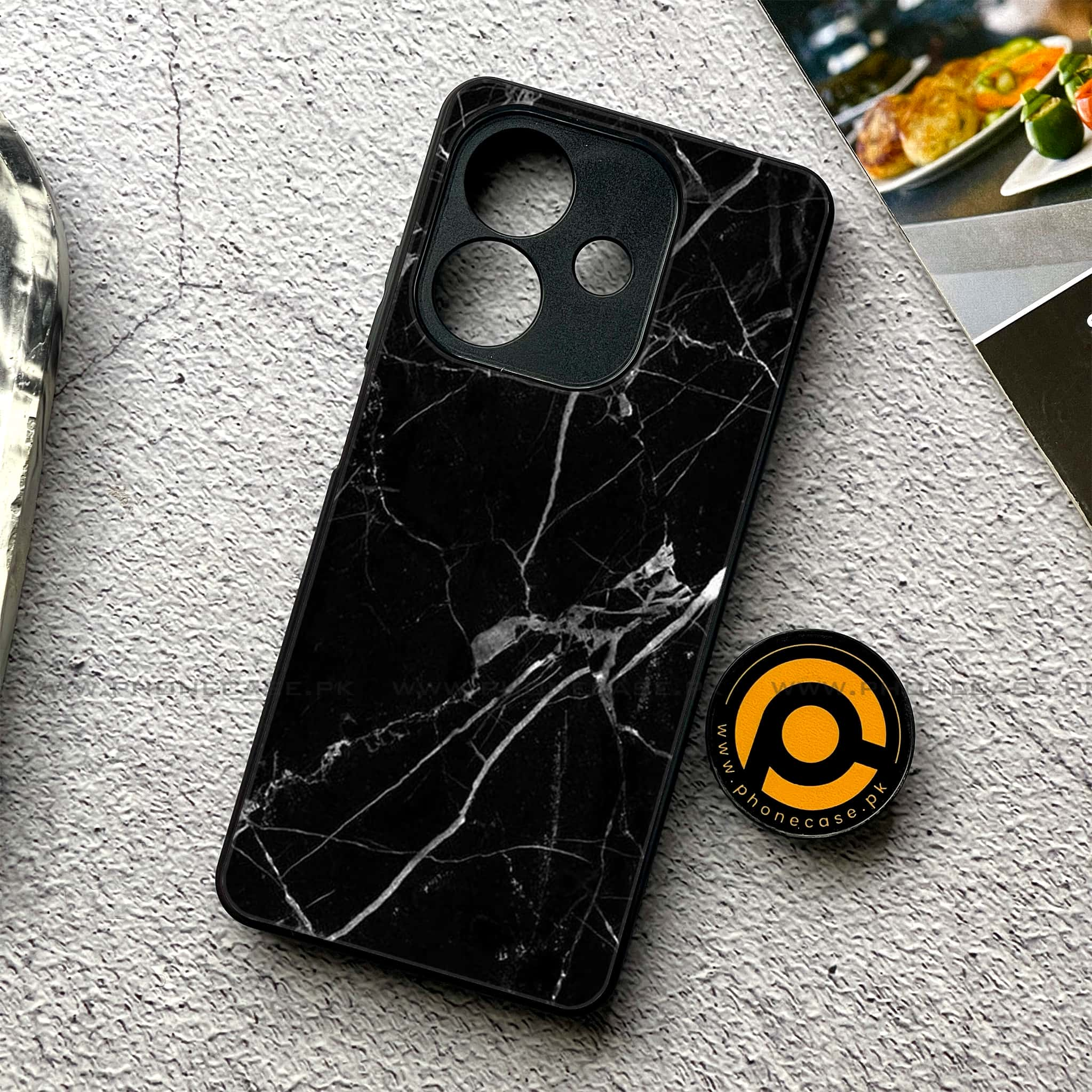 Oppo A3x - Black Marble Series - Premium Printed Glass soft Bumper shock Proof Case