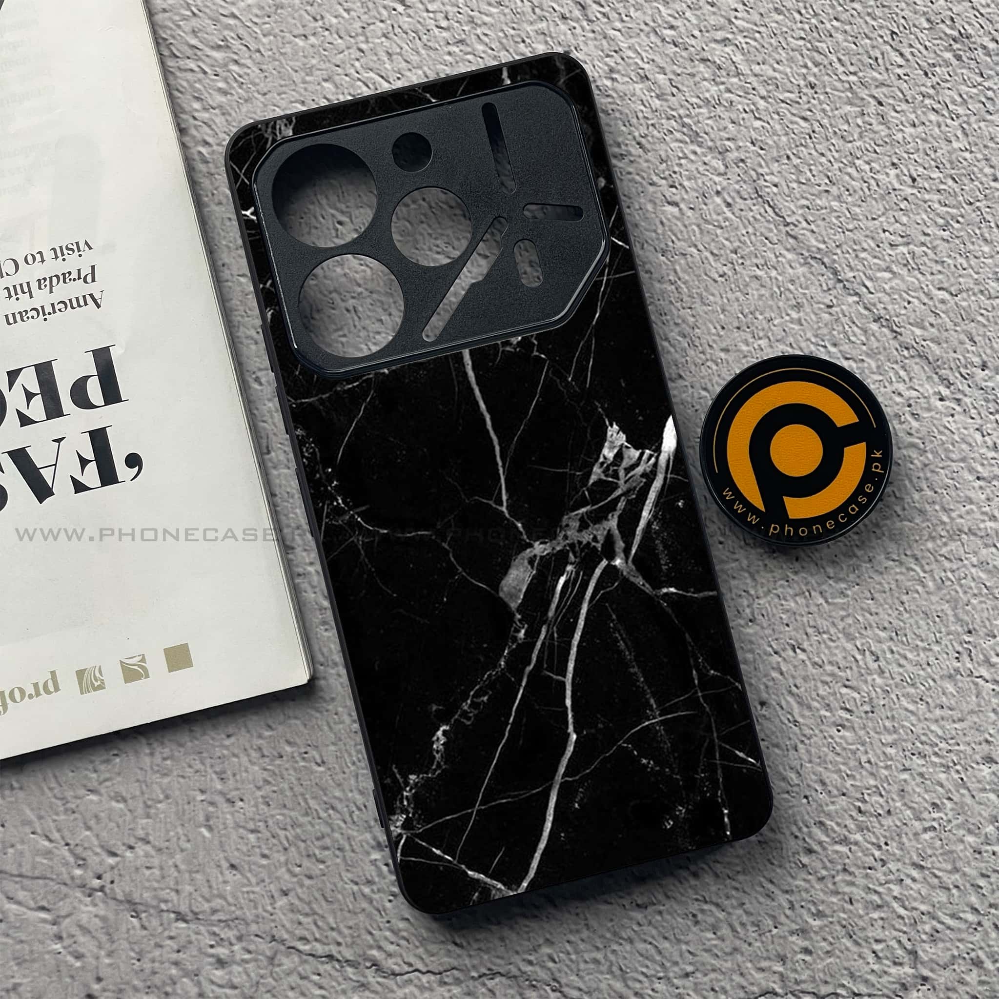 Tecno Pova 6 Pro - Black Marble Series - Premium Printed Glass soft Bumper shock Proof Case