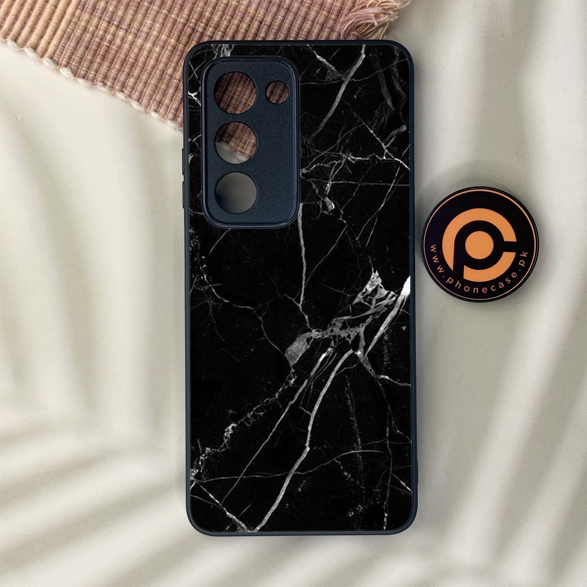 Oppo A5 2025 - Black Marble Series - Premium Metal Printed soft Bumper shock Proof Case