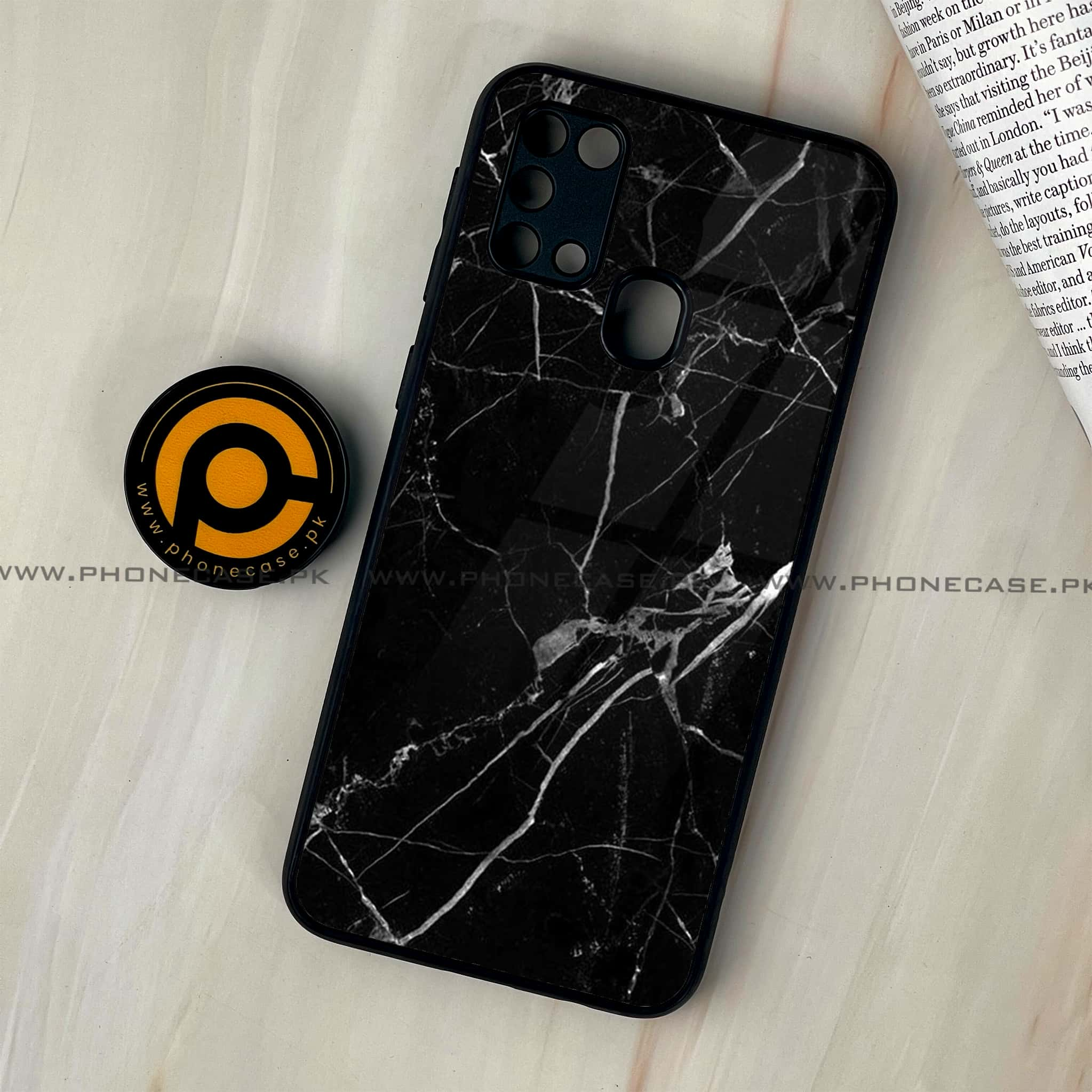 Galaxy M31 - Black Marble Series - Premium Printed Glass soft Bumper shock Proof Case