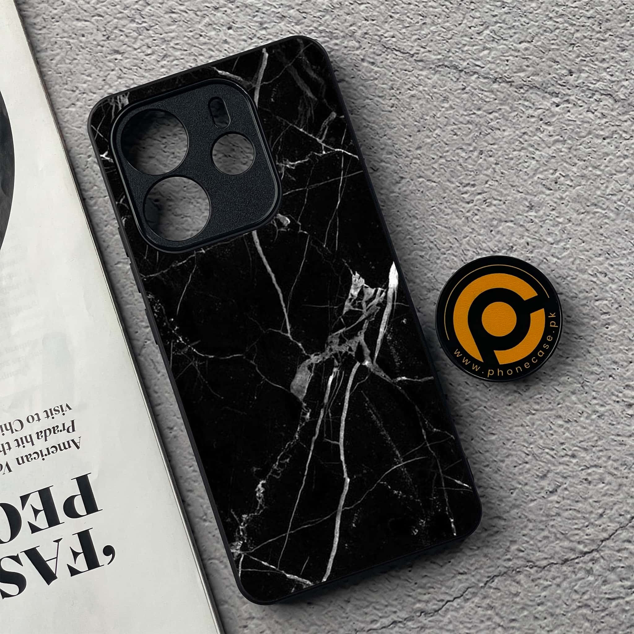 Xiaomi Redmi Note 14 - Black Marble Series - Premium Printed Glass soft Bumper shock Proof Case