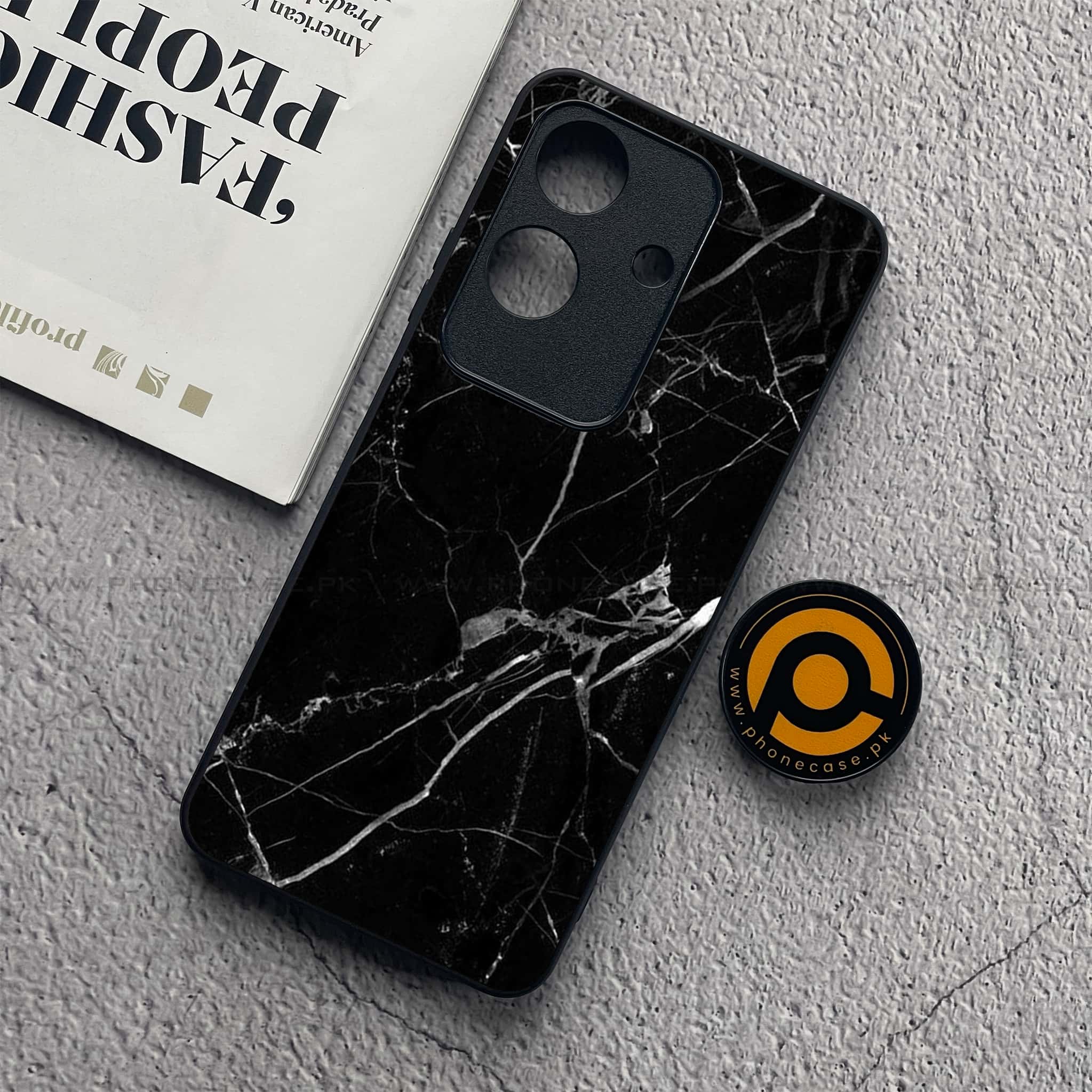 Realme Note 60x - Black Marble Series - Premium Metal  Printed soft Bumper shock Proof Case