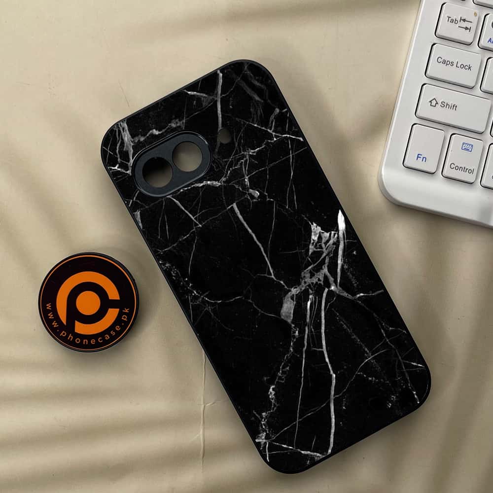 Google Pixel 9a - Black Marble Series - Premium Metal Printed soft Bumper Shock Proof Case