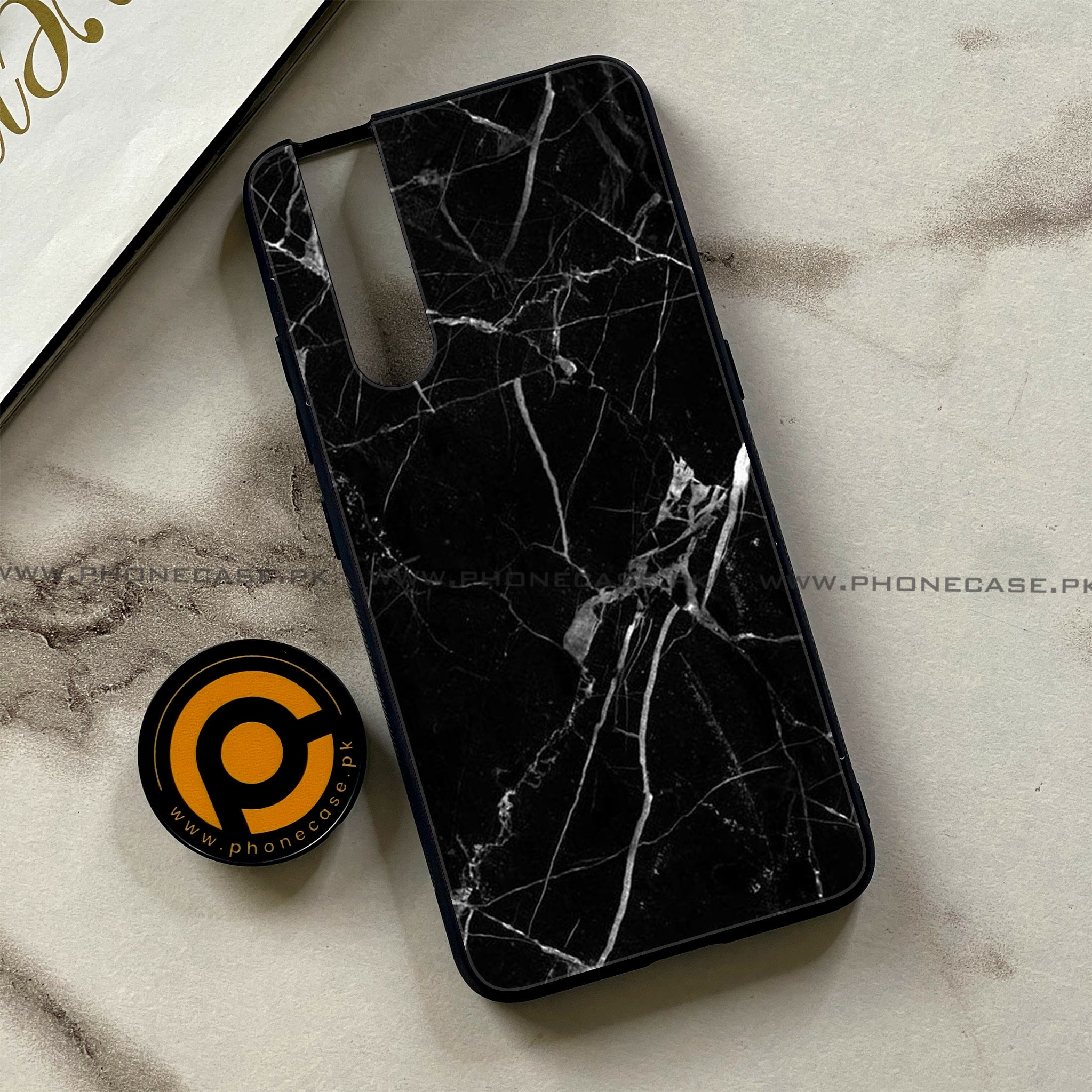 Vivo V15 Pro - Black Marble Series - Premium Printed Glass soft Bumper shock Proof Case