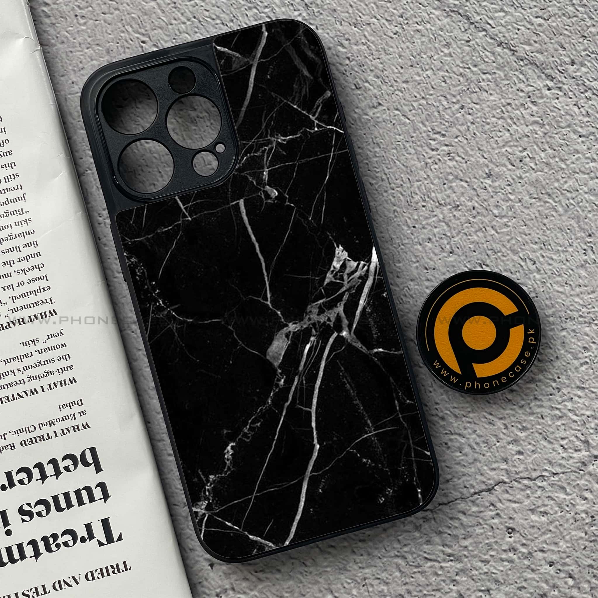 iPhone 15 Pro - Black Marble Series - Premium Metal Printed soft Bumper shock Proof Case