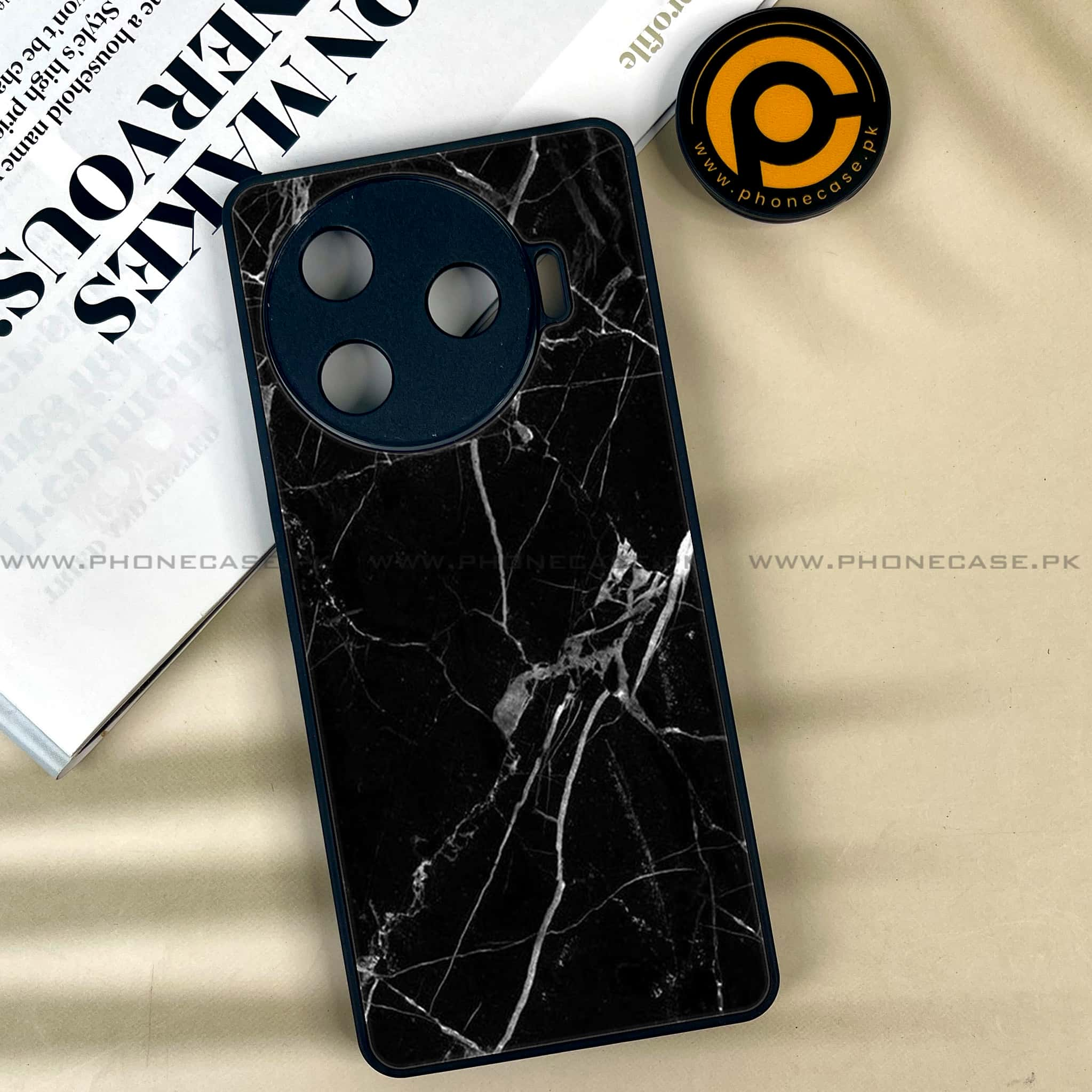 Tecno Camon 30 Pro - Black Marble Series - Premium Printed Glass soft Bumper shock Proof Case