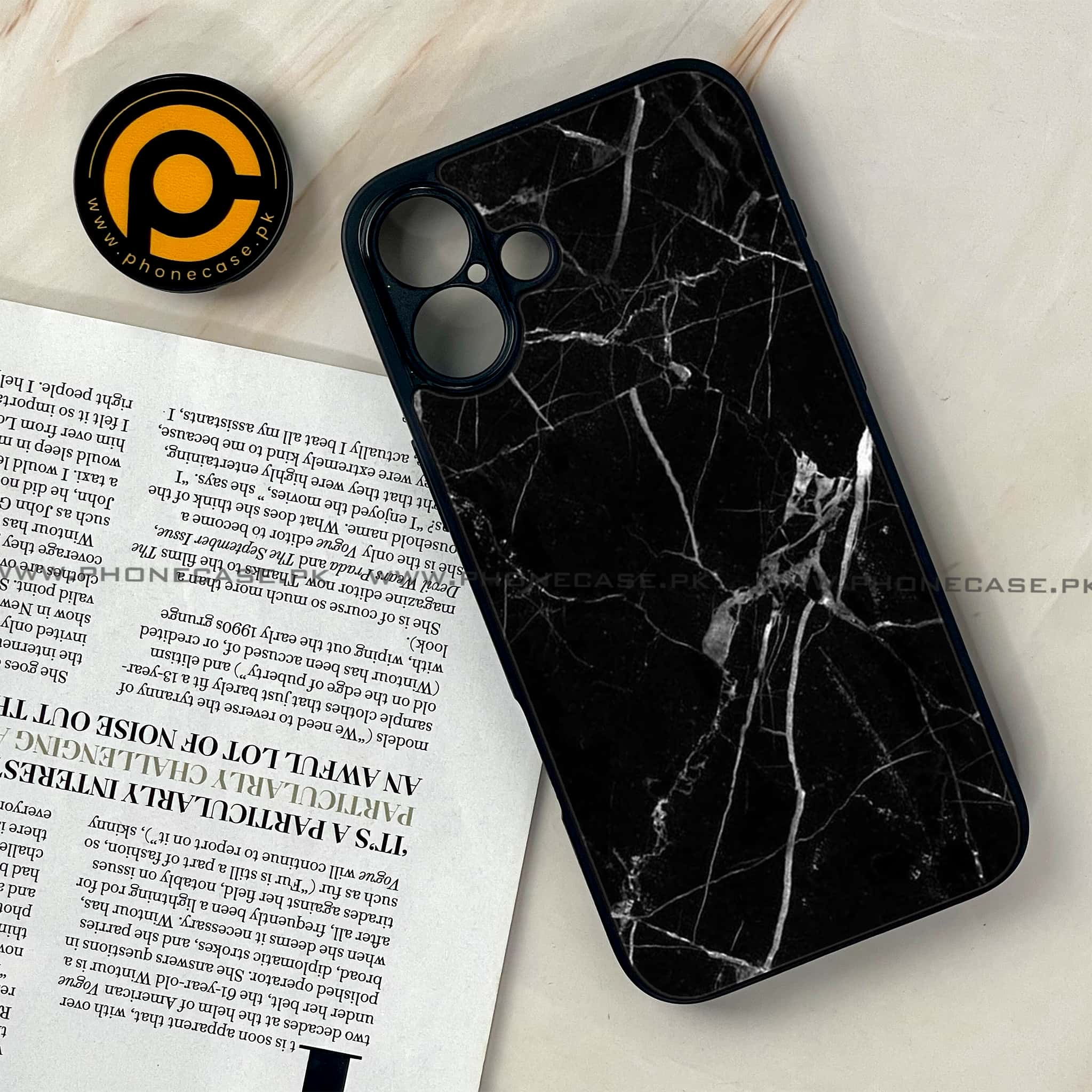 iPhone 16 - Black Marble Series - Premium Printed Glass soft Bumper shock Proof Case