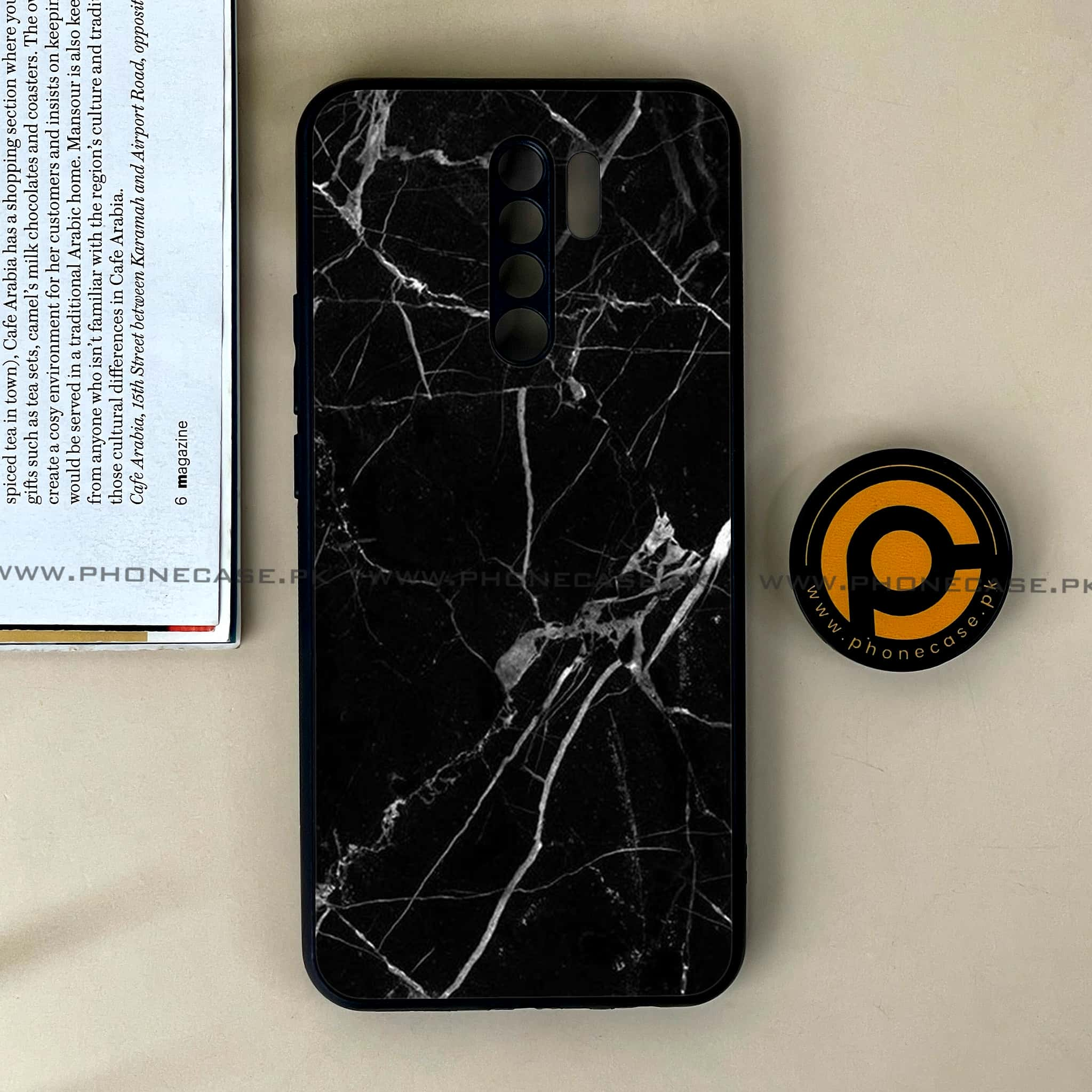 Xiaomi Redmi 9 - Black Marble Series - Premium Printed Glass soft Bumper shock Proof Case