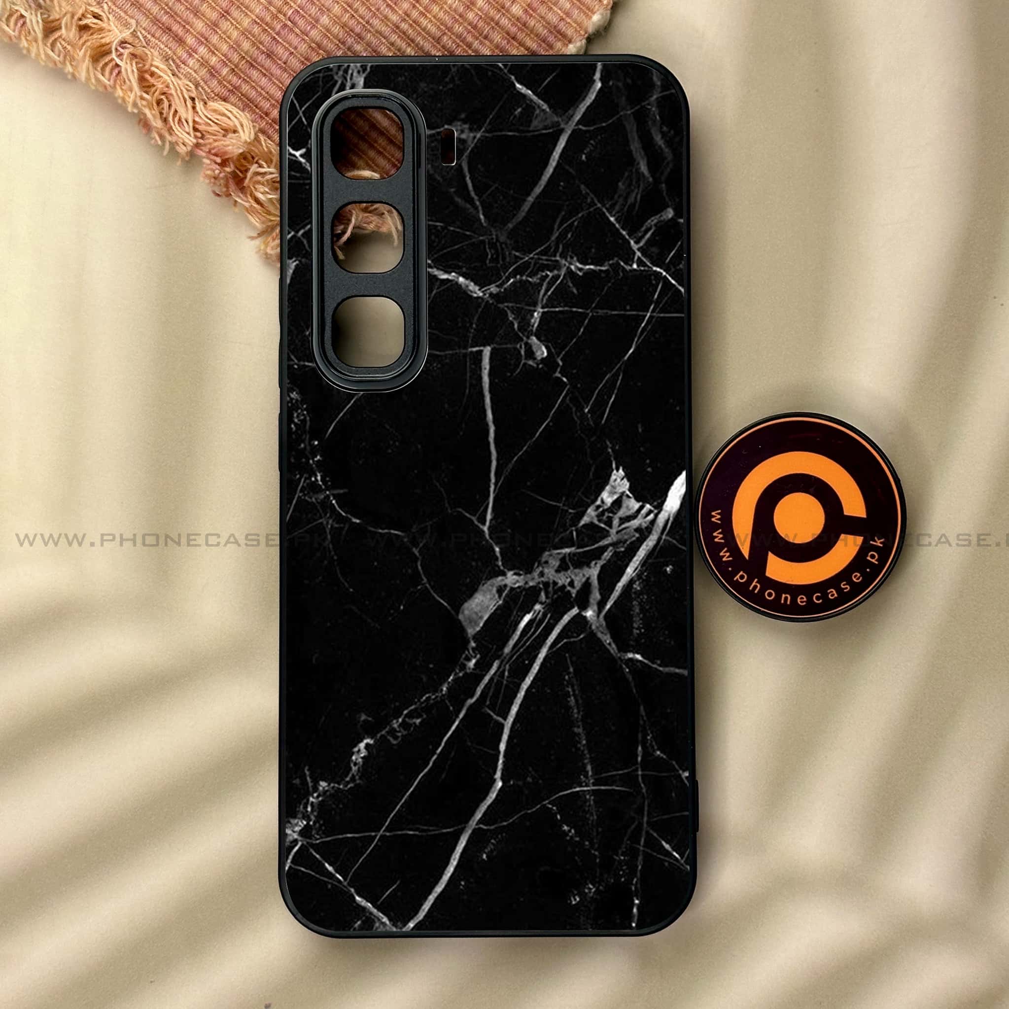 Infinix Hot 60 Pro - Black Marble Series - Premium Metal Printed soft Bumper shock Proof Case