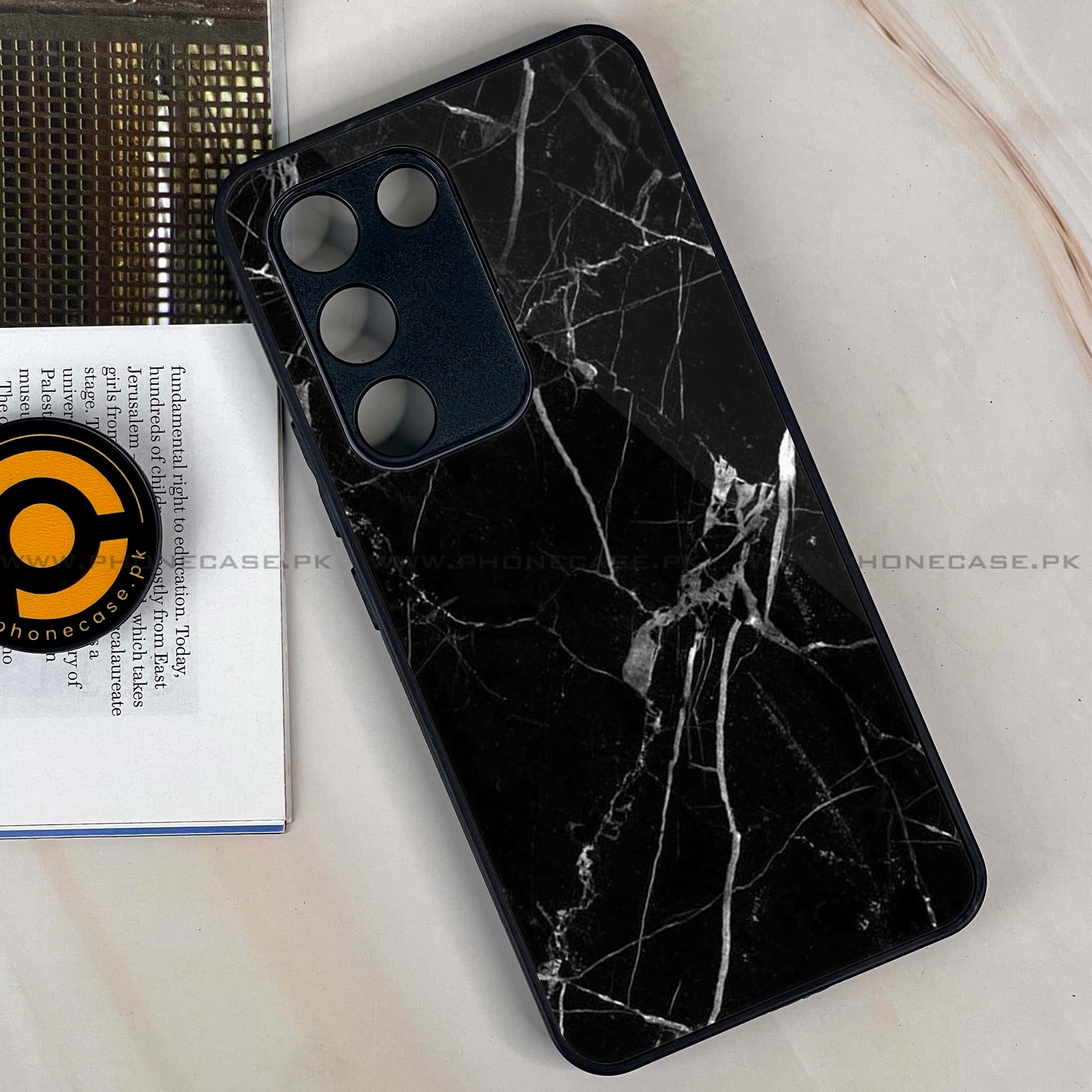 Vivo Y200e - Black Marble Series - Premium Metal Printed soft Bumper shock Proof Case
