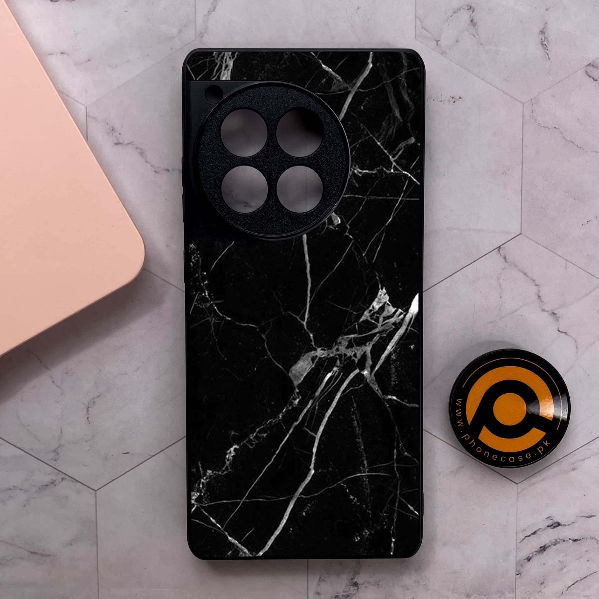 OnePlus 12R - Black Marble Series - Premium Metal Printed soft Bumper shock Proof Case