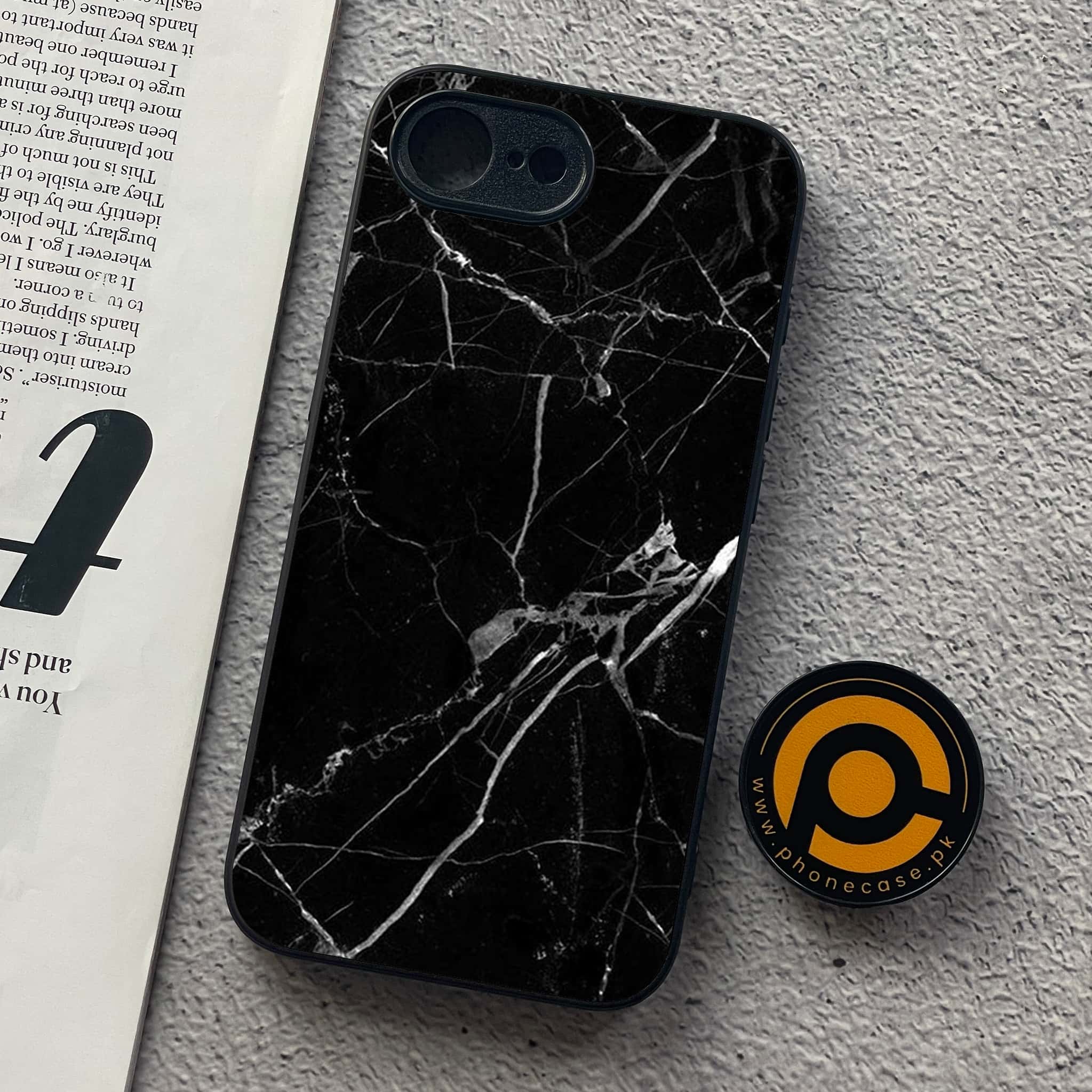 iPhone 16e - Black Marble Series - Premium Metal  Printed soft Bumper shock Proof Case