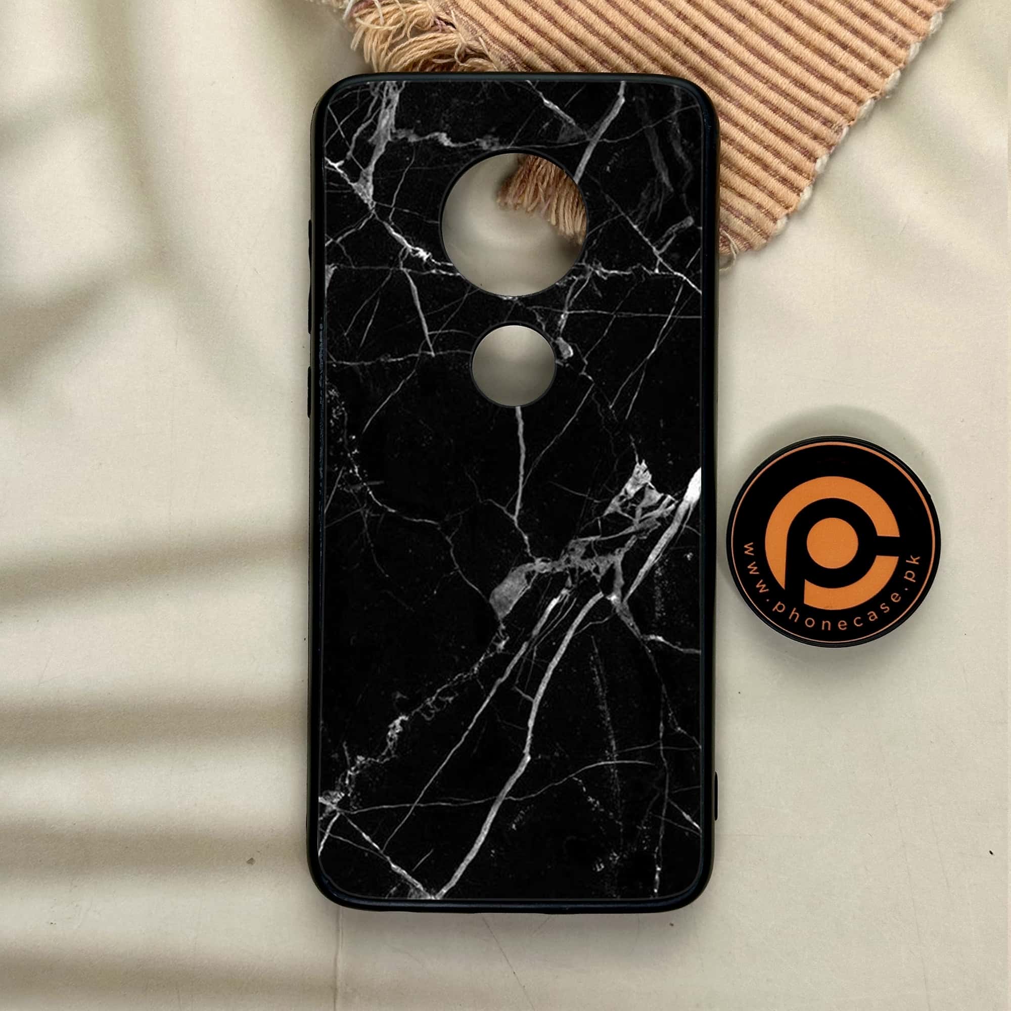 Moto G7 - Black Marble Series - Premium Printed Glass soft Bumper shock Proof Case