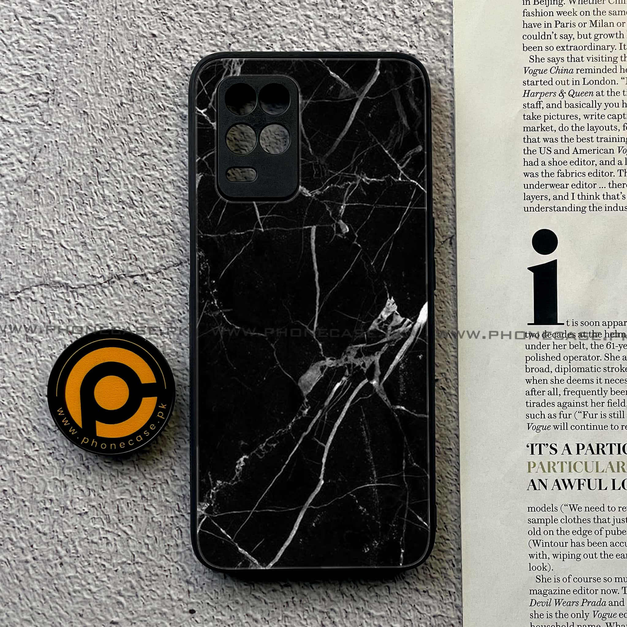 Realme Narzo 30 5G - Black Marble Series - Premium Printed Glass soft Bumper shock Proof Case