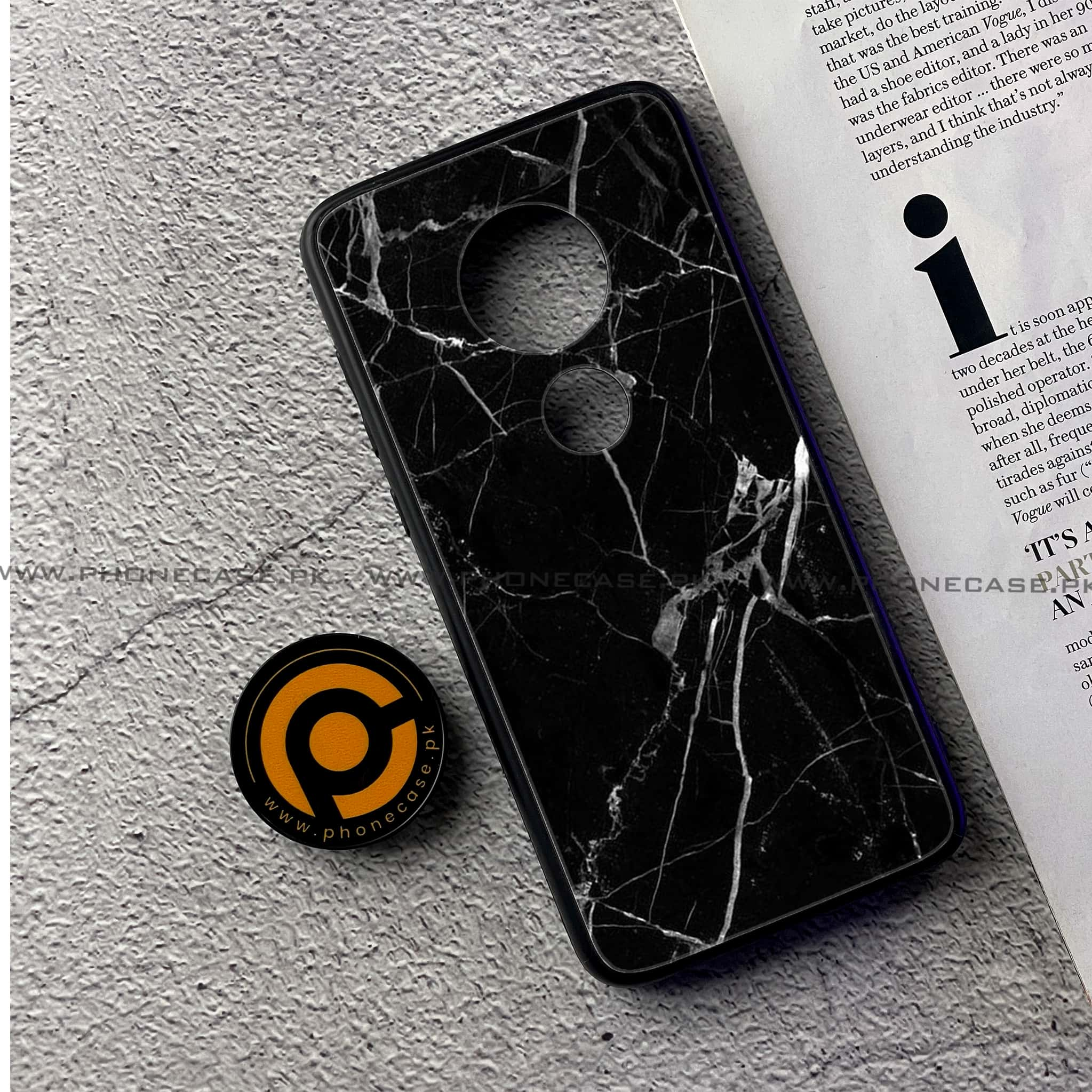 Moto G7 - Black Marble Series - Premium Printed Glass soft Bumper shock Proof Case