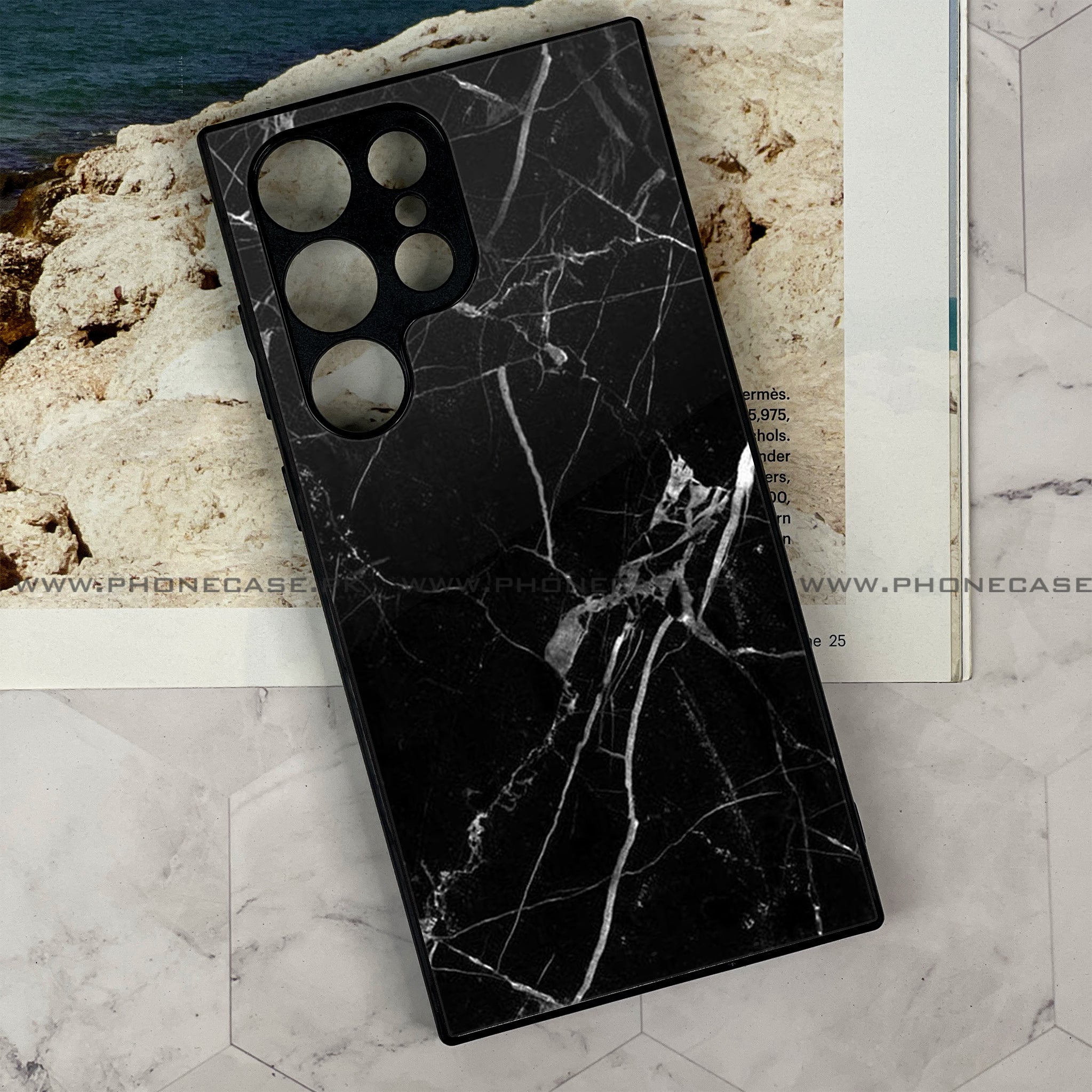 Samsung Galaxy S23 Ultra  - Black Marble Series - Premium Printed Glass soft Bumper shock Proof Case