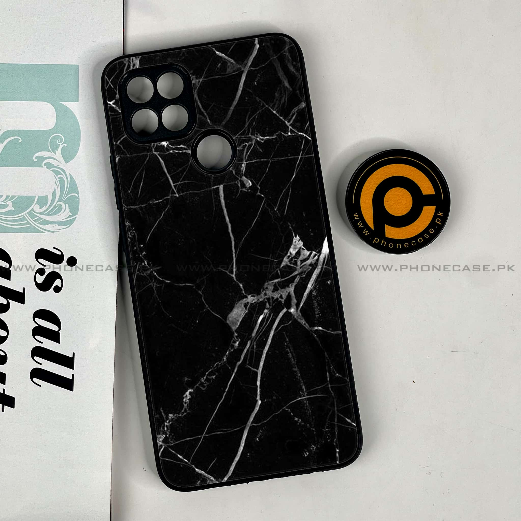 Oppo A15s - Black Marble Series - Premium Printed Glass soft Bumper shock Proof Case