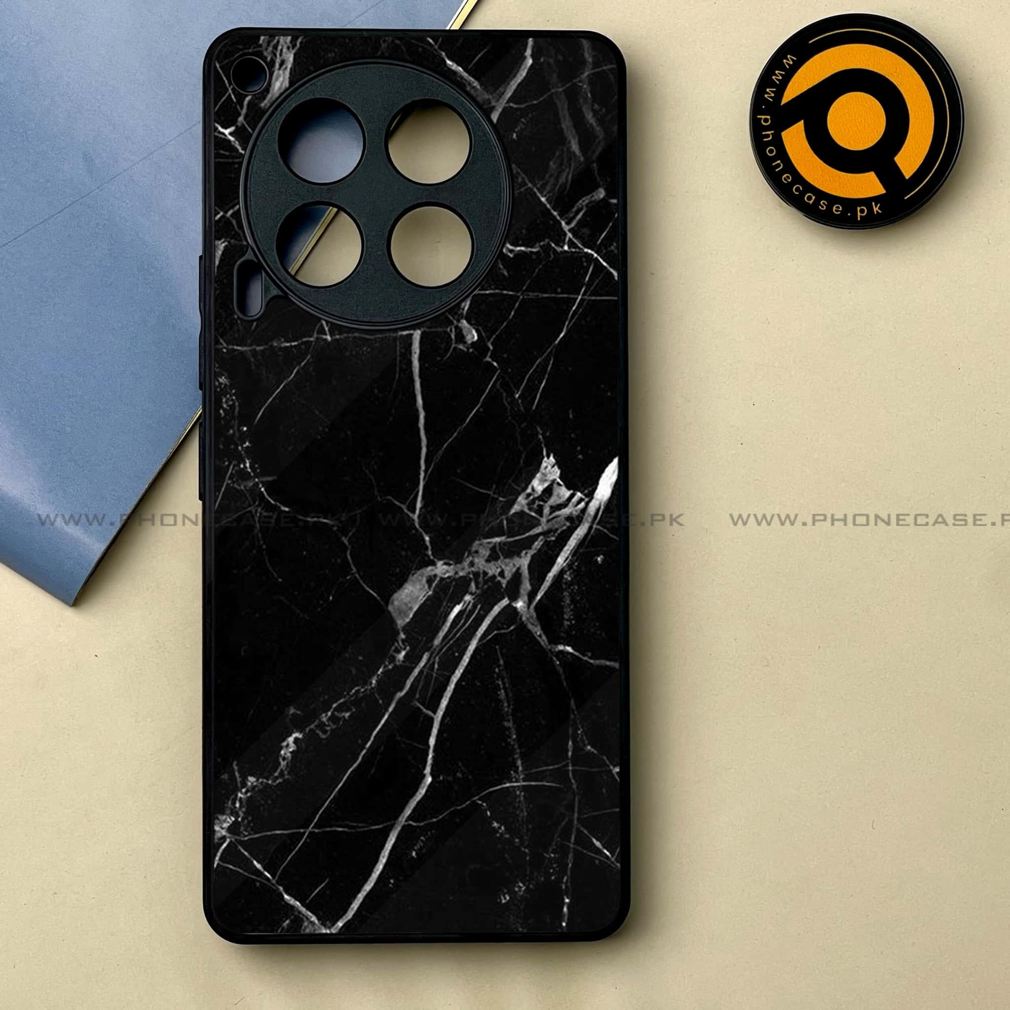 Tecno Camon 30 - Black Marble Series -  Premium Printed Metal soft Bumper shock Proof Case