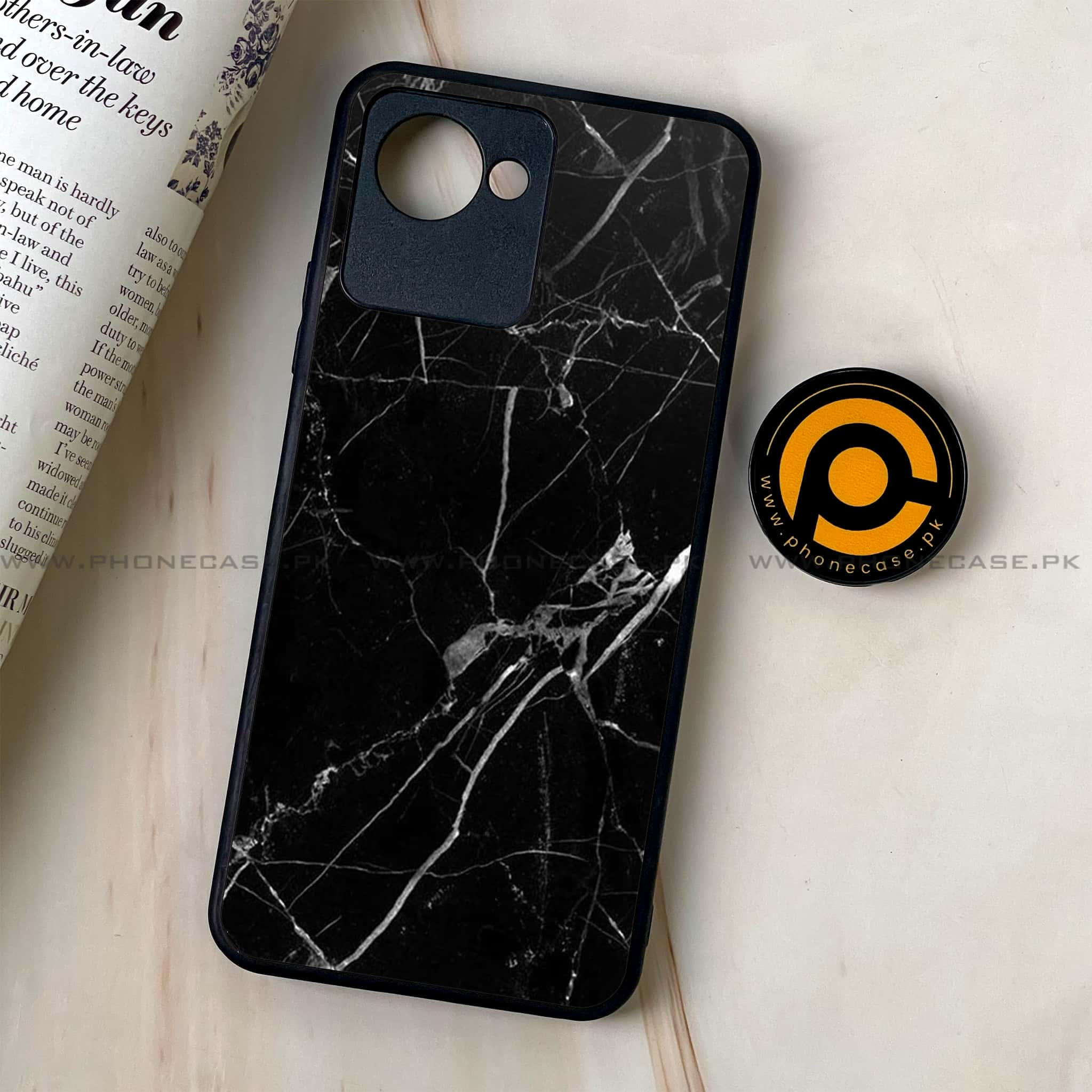 Realme C30 - Black Marble Series - Premium Printed Glass soft Bumper shock Proof Case