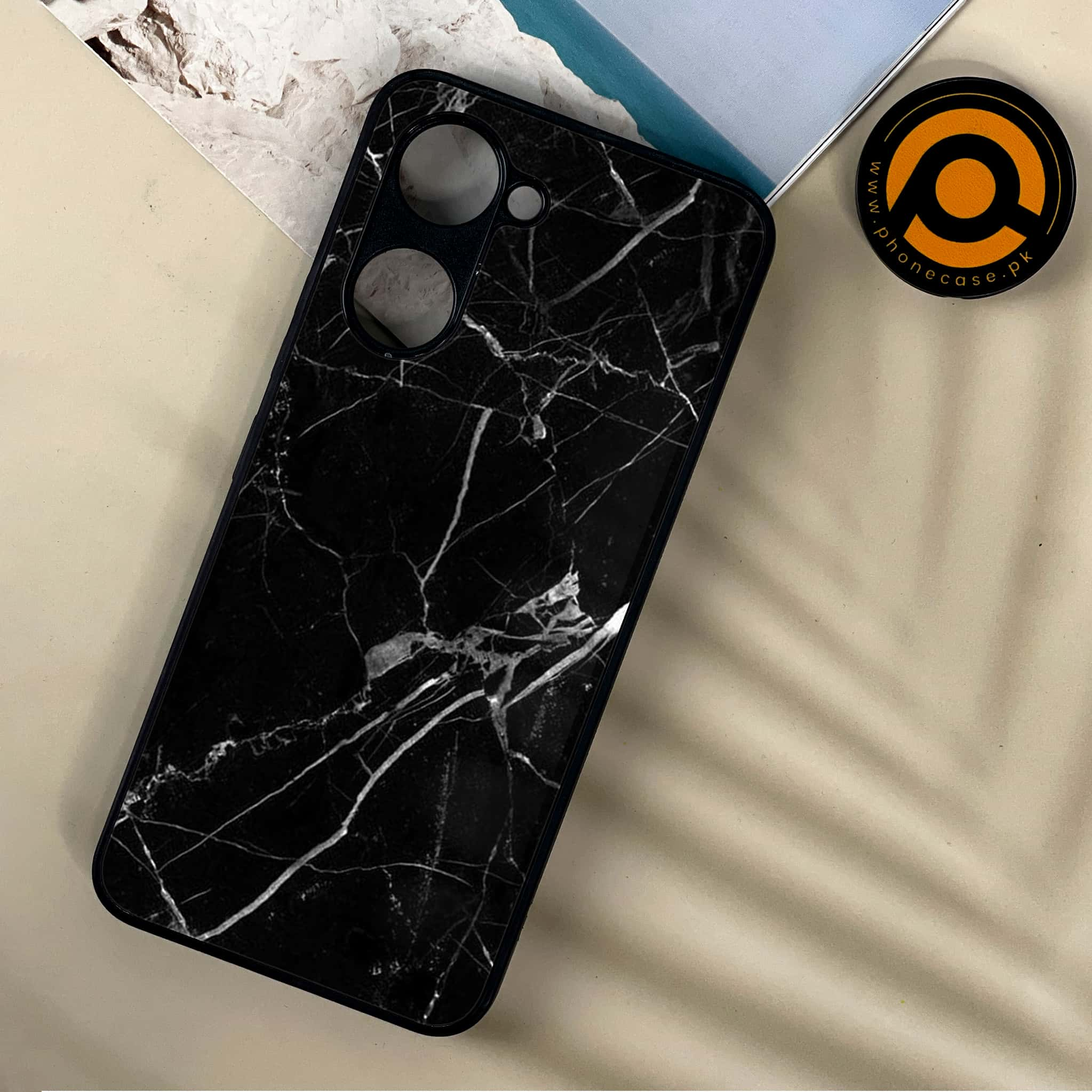 Vivo Y03 - Black Marble Series - Premium Printed Metal soft Bumper shock Proof Case