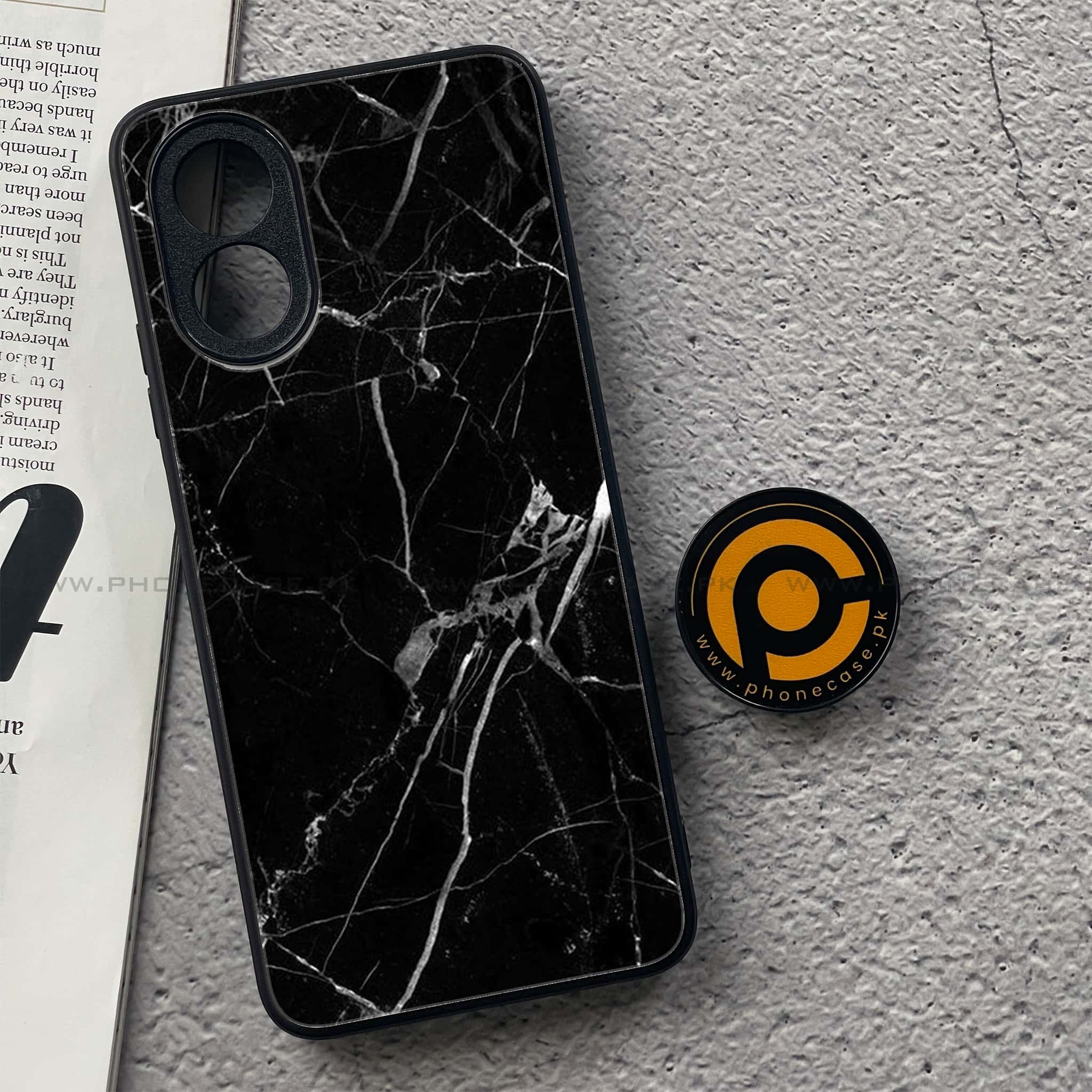 Oppo A18 4G - Black Marble Series - Premium Printed Glass soft Bumper shock Proof Case