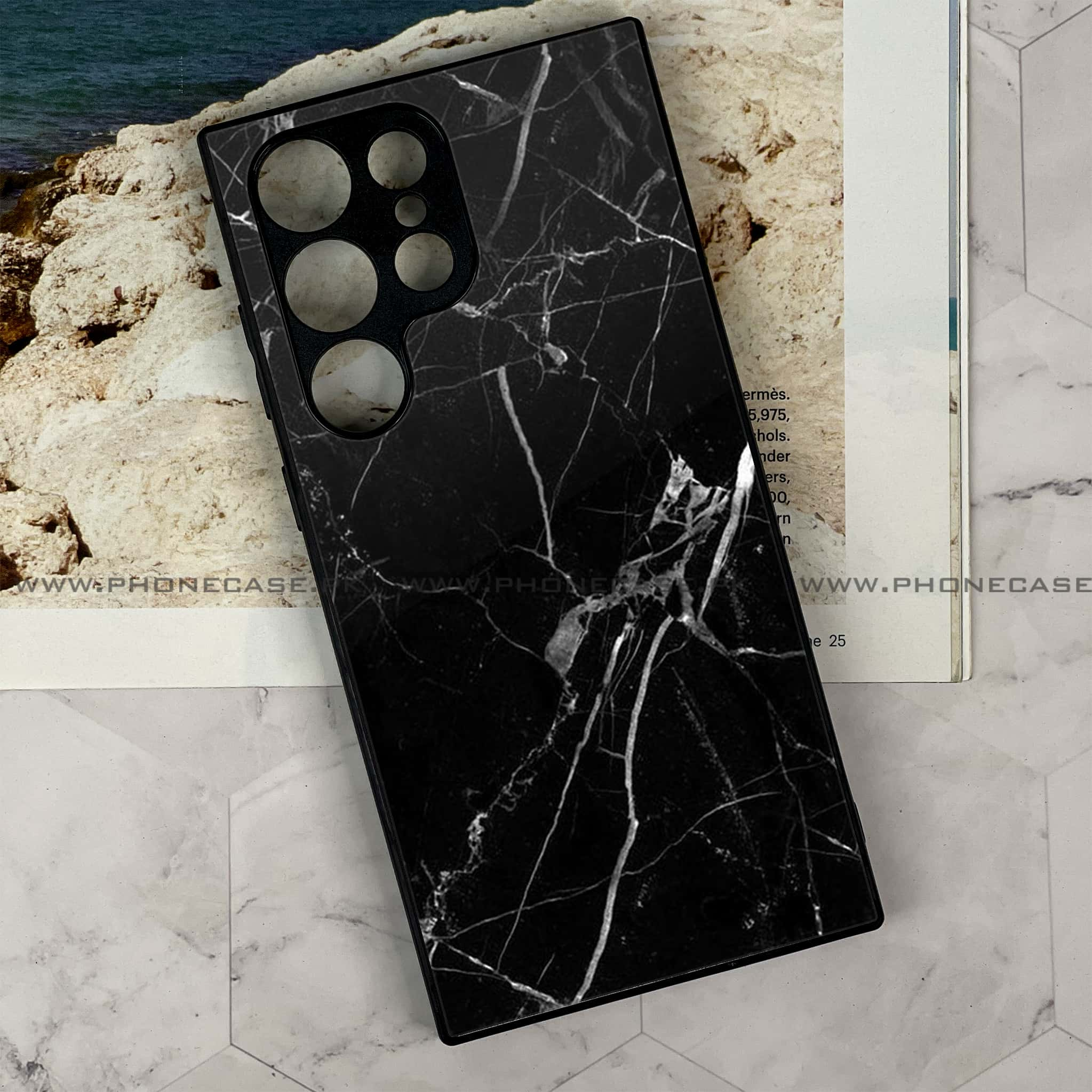 Samsung Galaxy S24 Ultra - Black Marble Series - Premium Printed Glass soft Bumper shock Proof Case