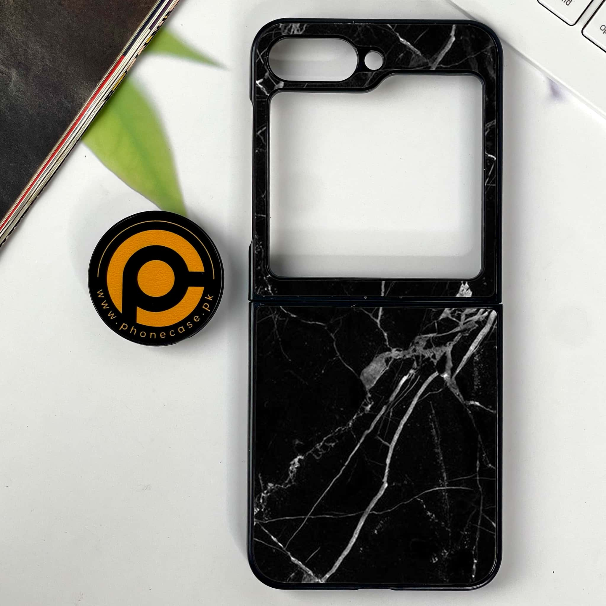 Galaxy Z Flip 6 - Black Marble Series - Premium Printed Glass soft Bumper shock Proof Case