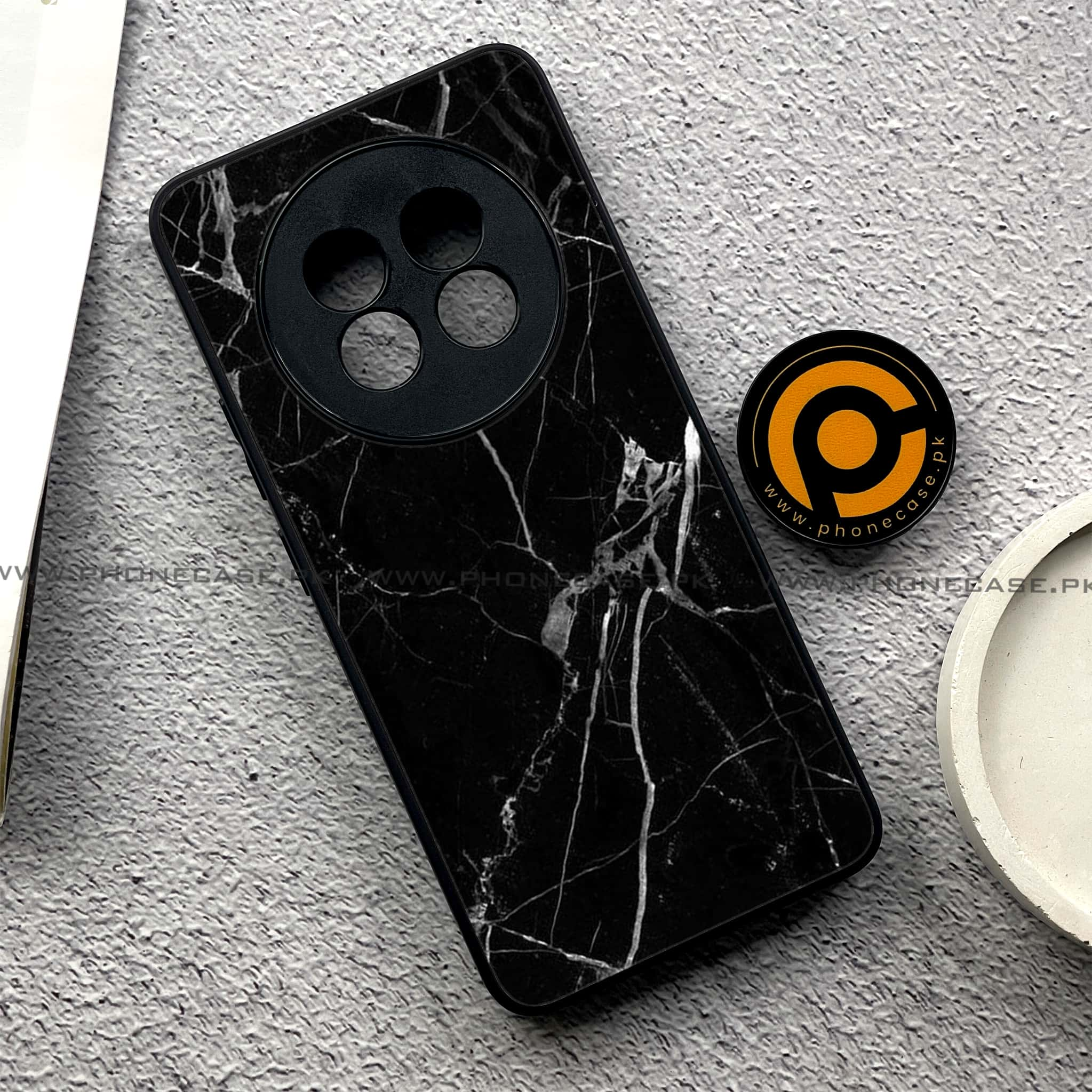 Realme 13 Plus - Black Marble Series - Premium Printed Glass soft Bumper shock Proof Case