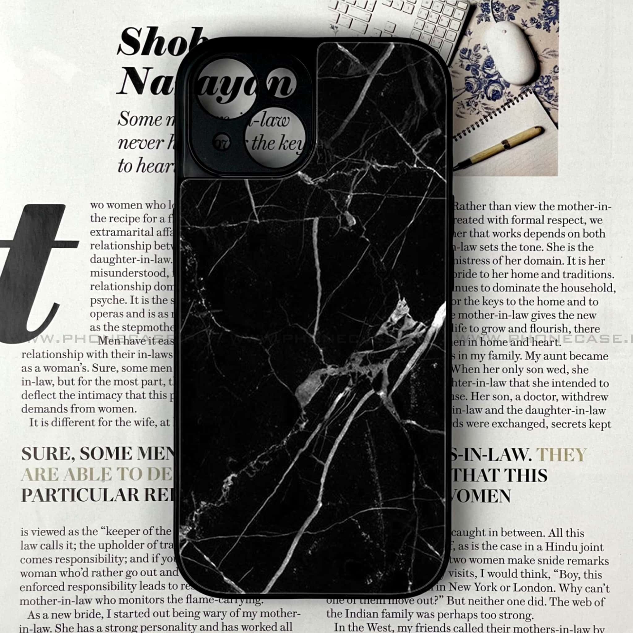 iPhone 14 - Black Marble Series - Premium Printed Glass soft Bumper shock Proof Case