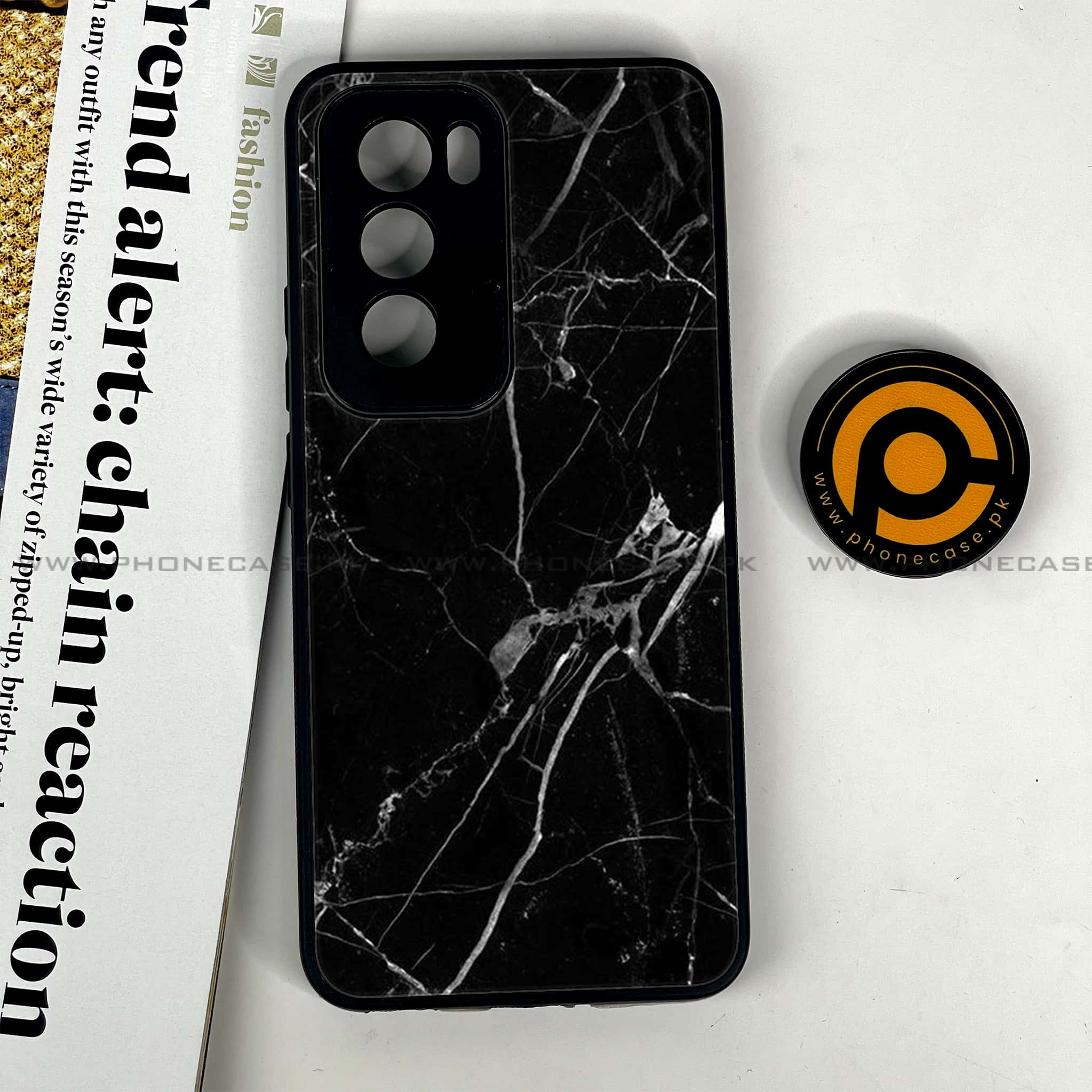 Oppo Reno 12 5G - Black Marble Series - Premium Printed Glass soft Bumper shock Proof Case