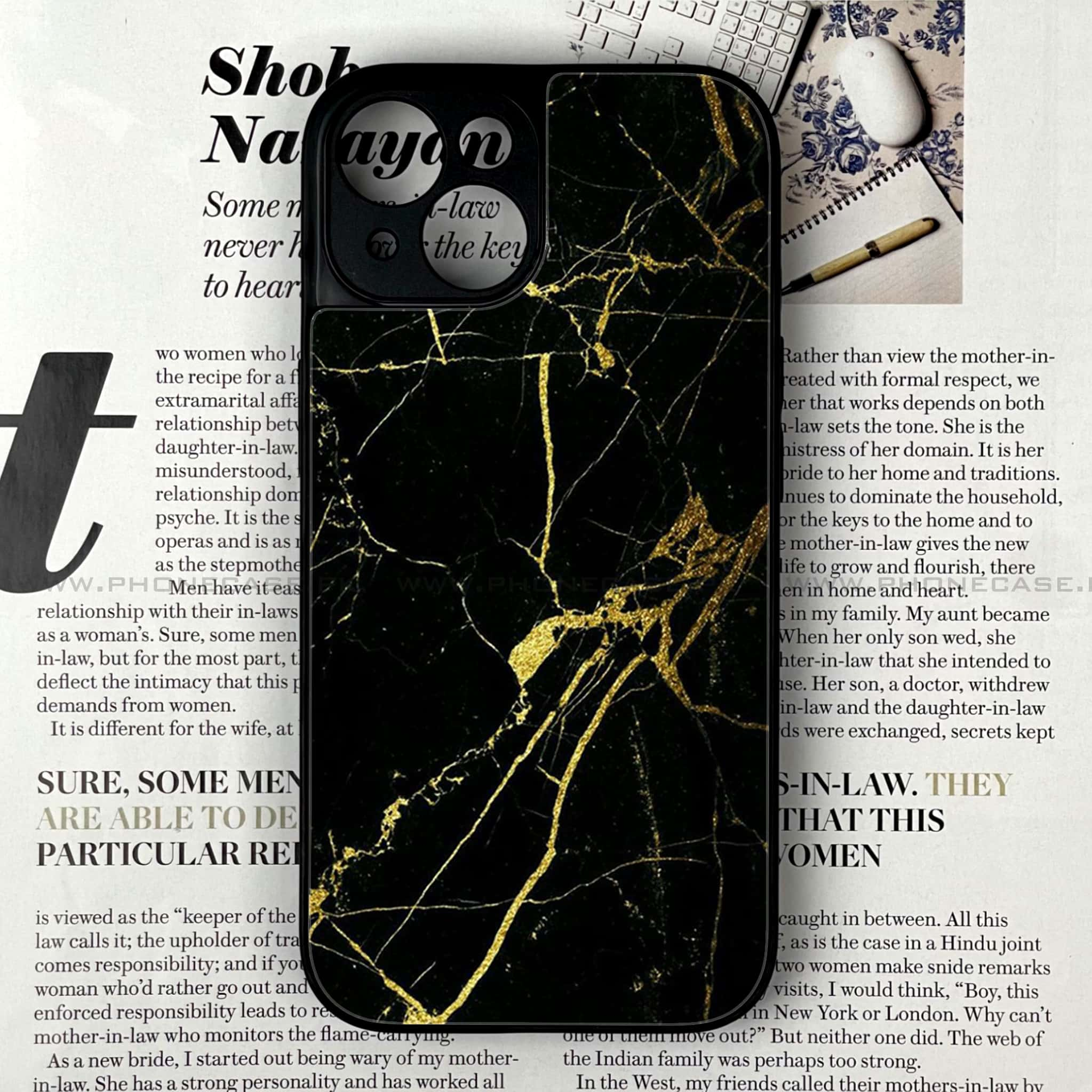 iPhone 15 - Black Marble Series - Premium Printed Glass soft Bumper shock Proof Case