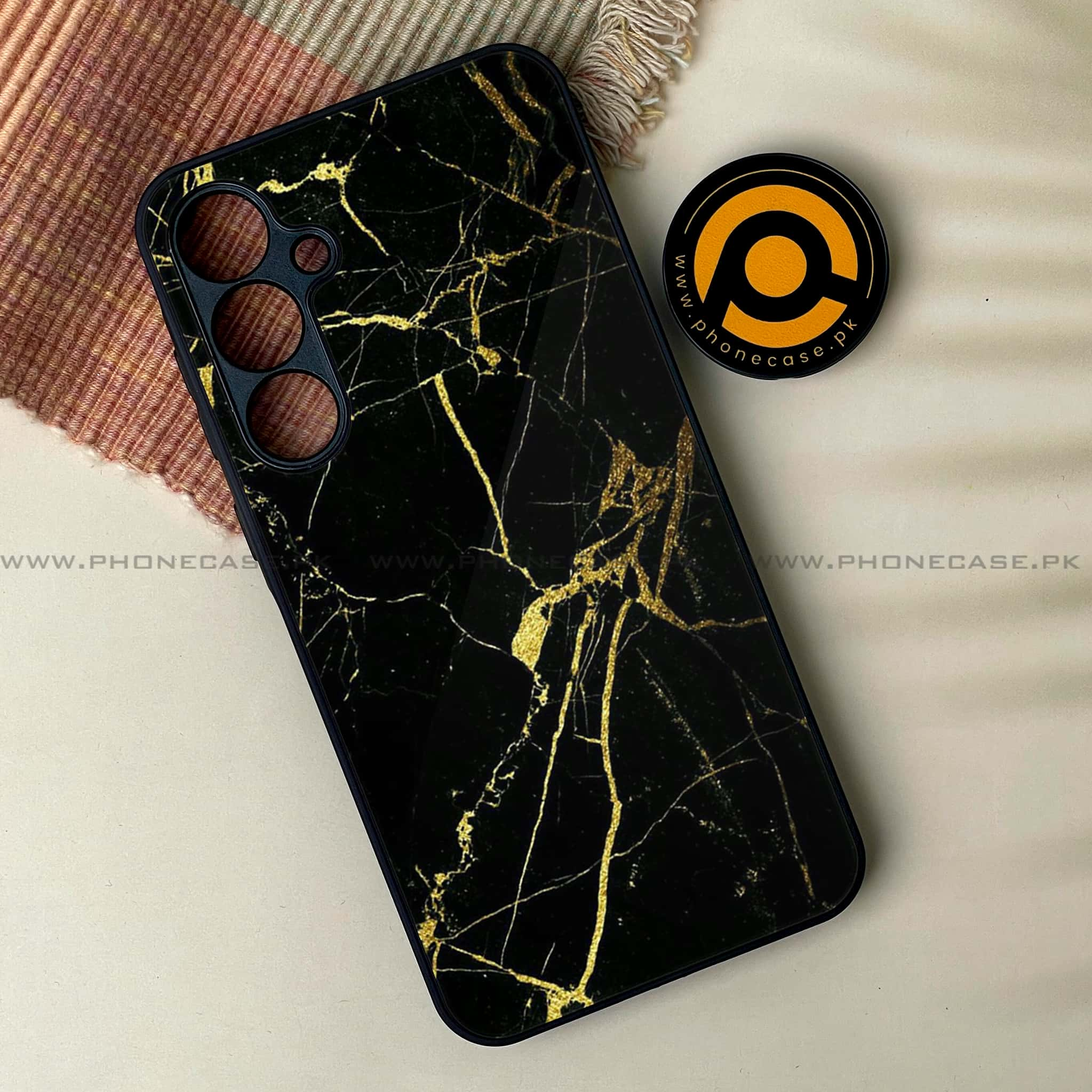 Galaxy A35 5G - Black Marble Series - Premium Printed Glass soft Bumper shock Proof Case