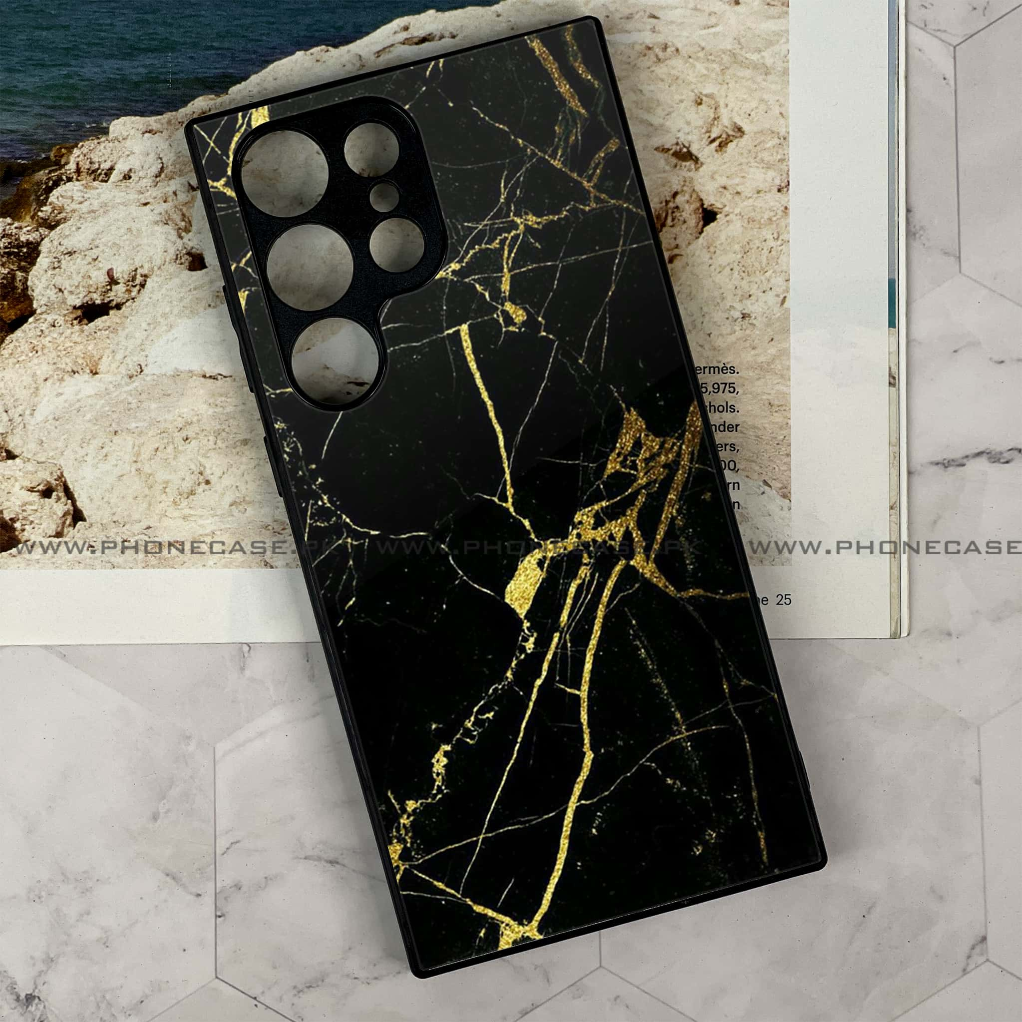 Samsung Galaxy S24 Ultra - Black Marble Series - Premium Printed Glass soft Bumper shock Proof Case