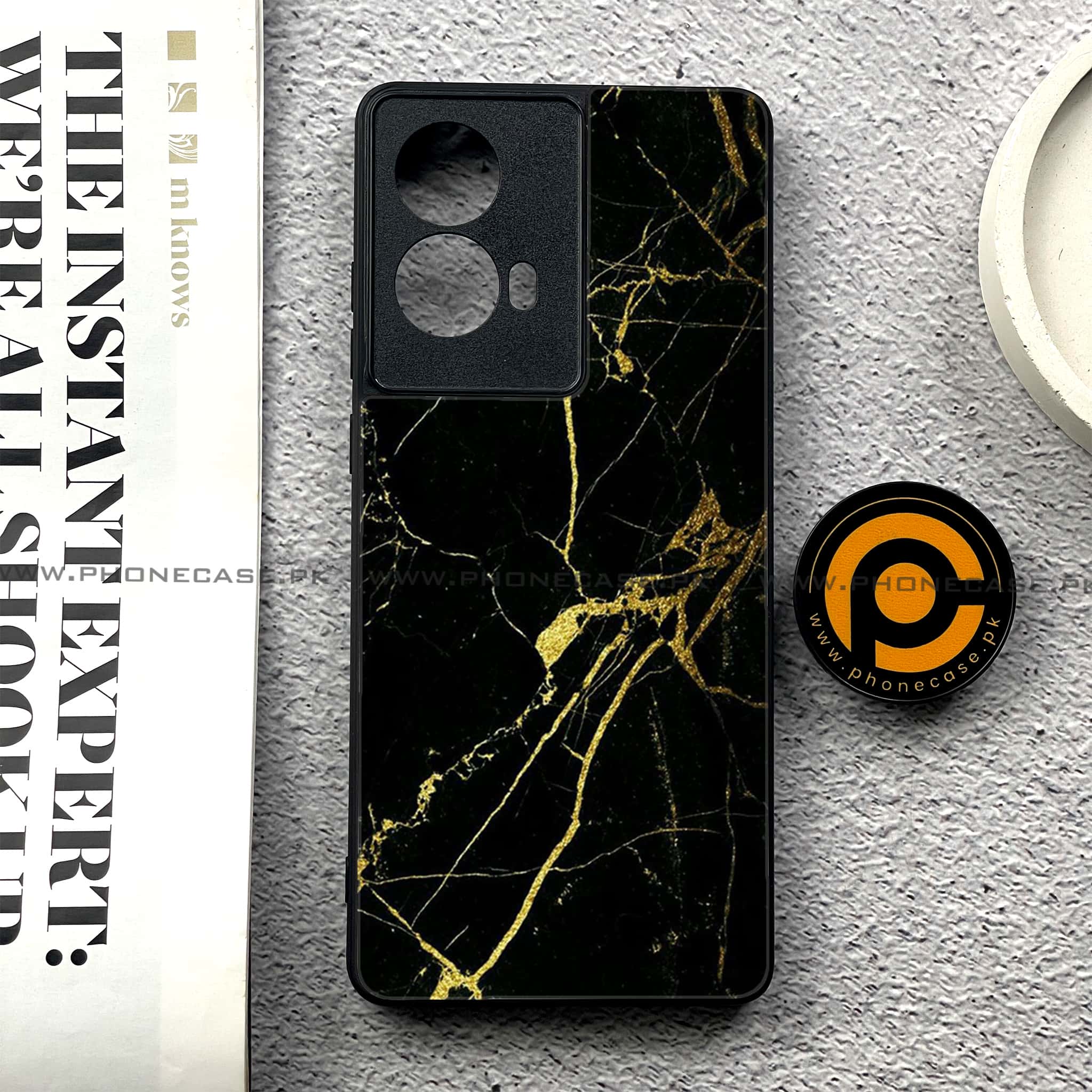 Moto G85 - Black Marble Series - Premium Printed Glass soft Bumper shock Proof Case