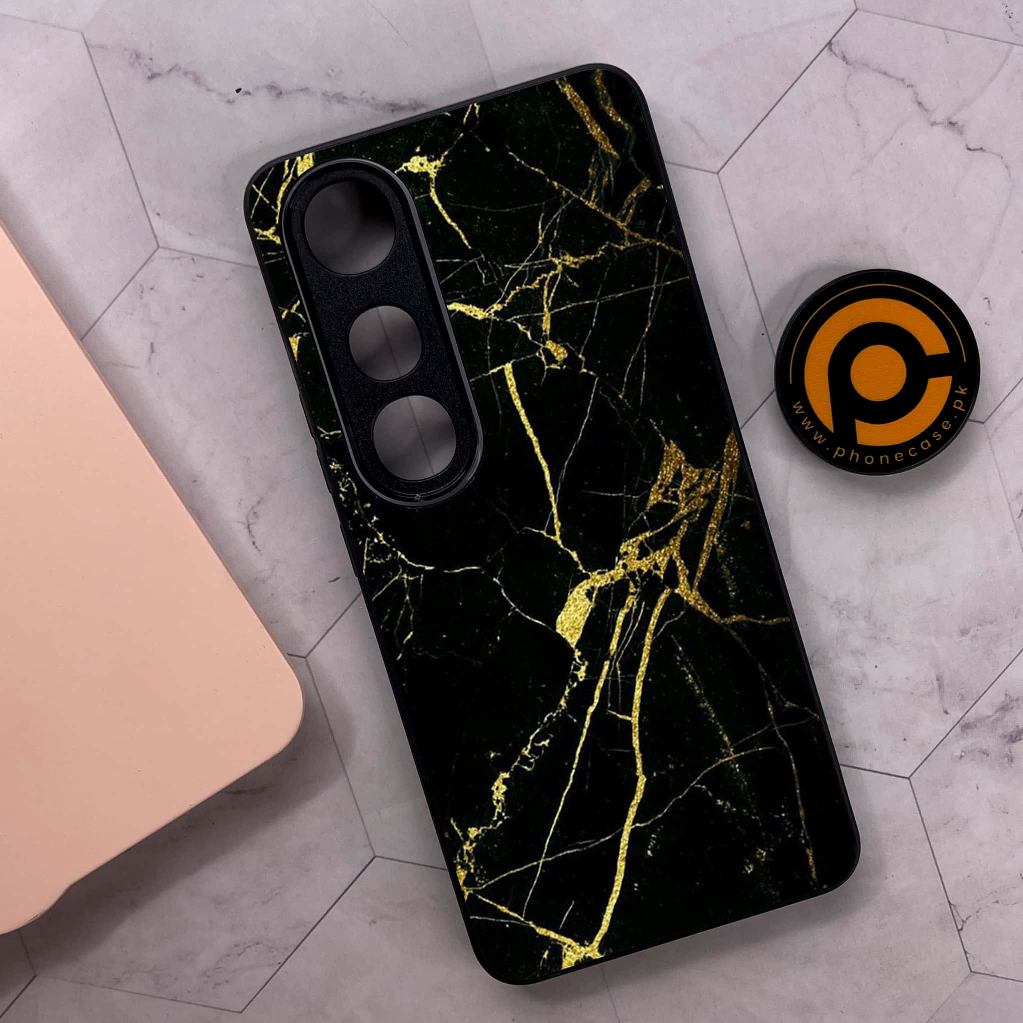 Vivo V50 Lite - Black Marble Series - Premium Metal Printed soft Bumper shock Proof Case