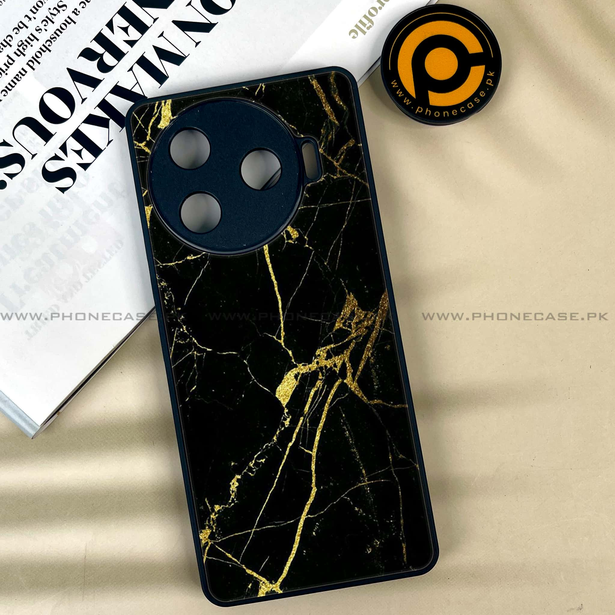 Tecno Camon 30 Pro - Black Marble Series - Premium Printed Glass soft Bumper shock Proof Case