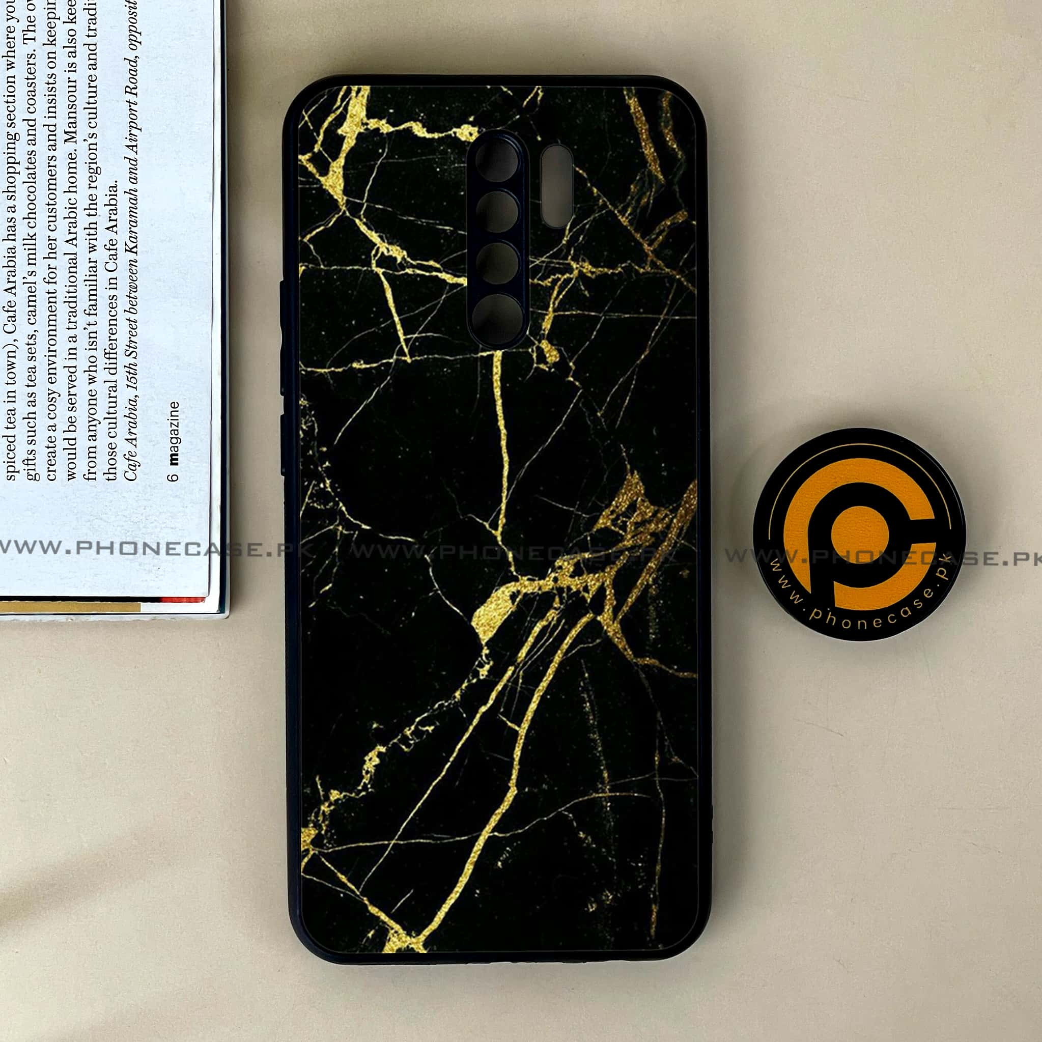 Xiaomi Redmi 9 - Black Marble Series - Premium Printed Glass soft Bumper shock Proof Case