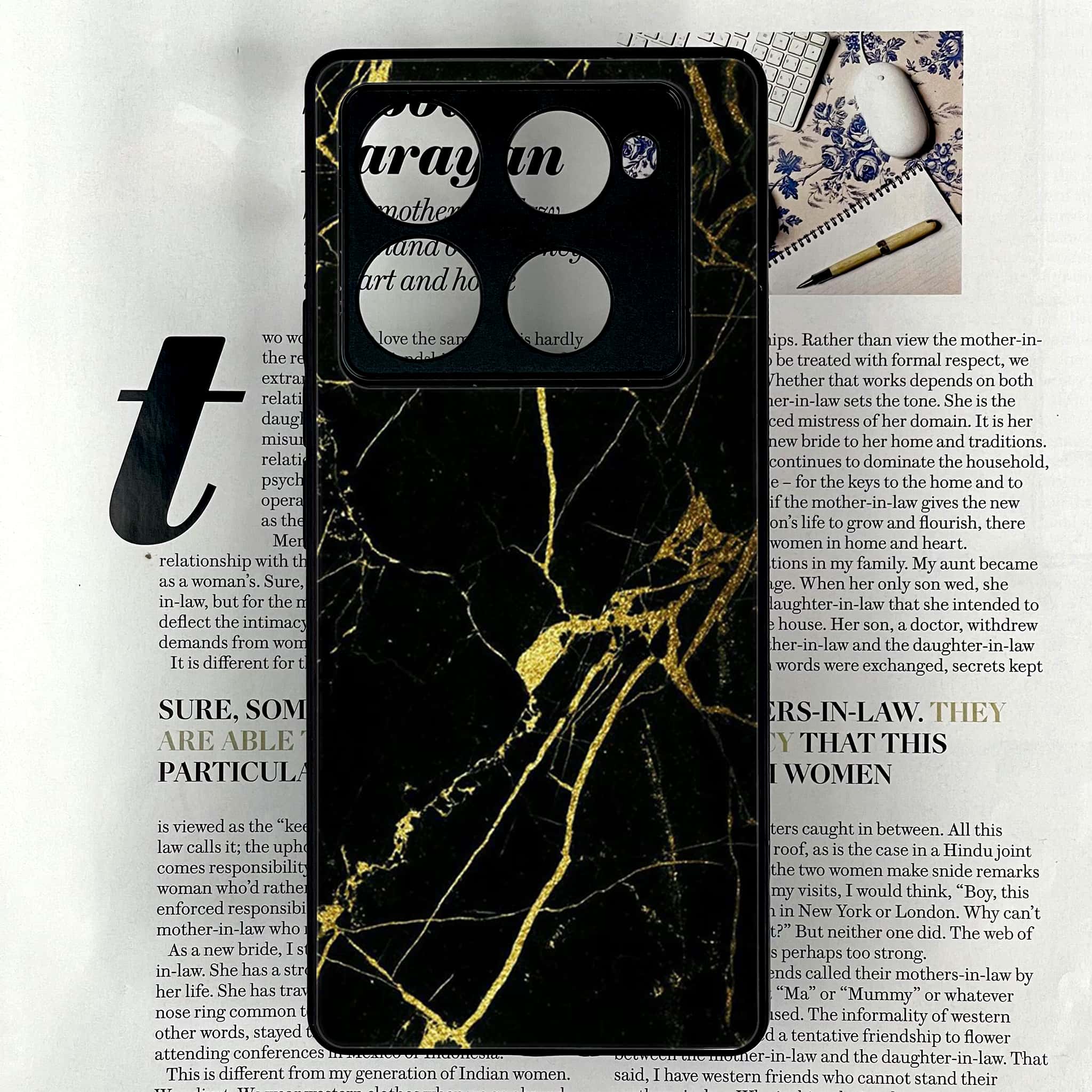 Infinix Note 40 Pro Plus - Black Marble Series - Premium Metal Printed soft Bumper shock Proof Case