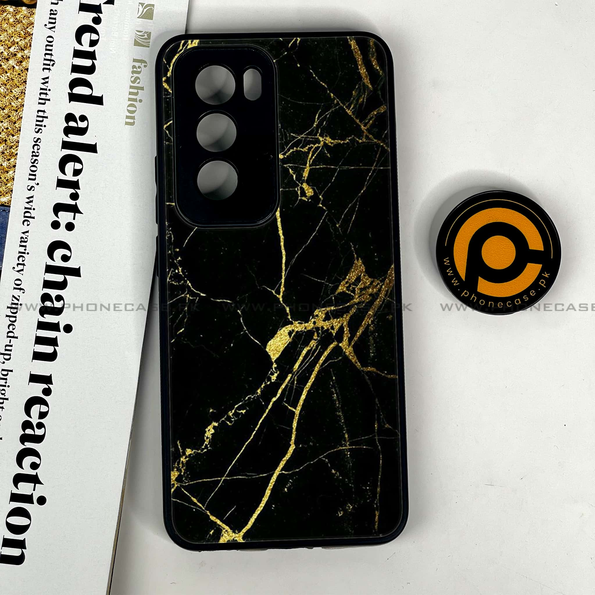 Oppo Reno 12 5G - Black Marble Series - Premium Printed Glass soft Bumper shock Proof Case