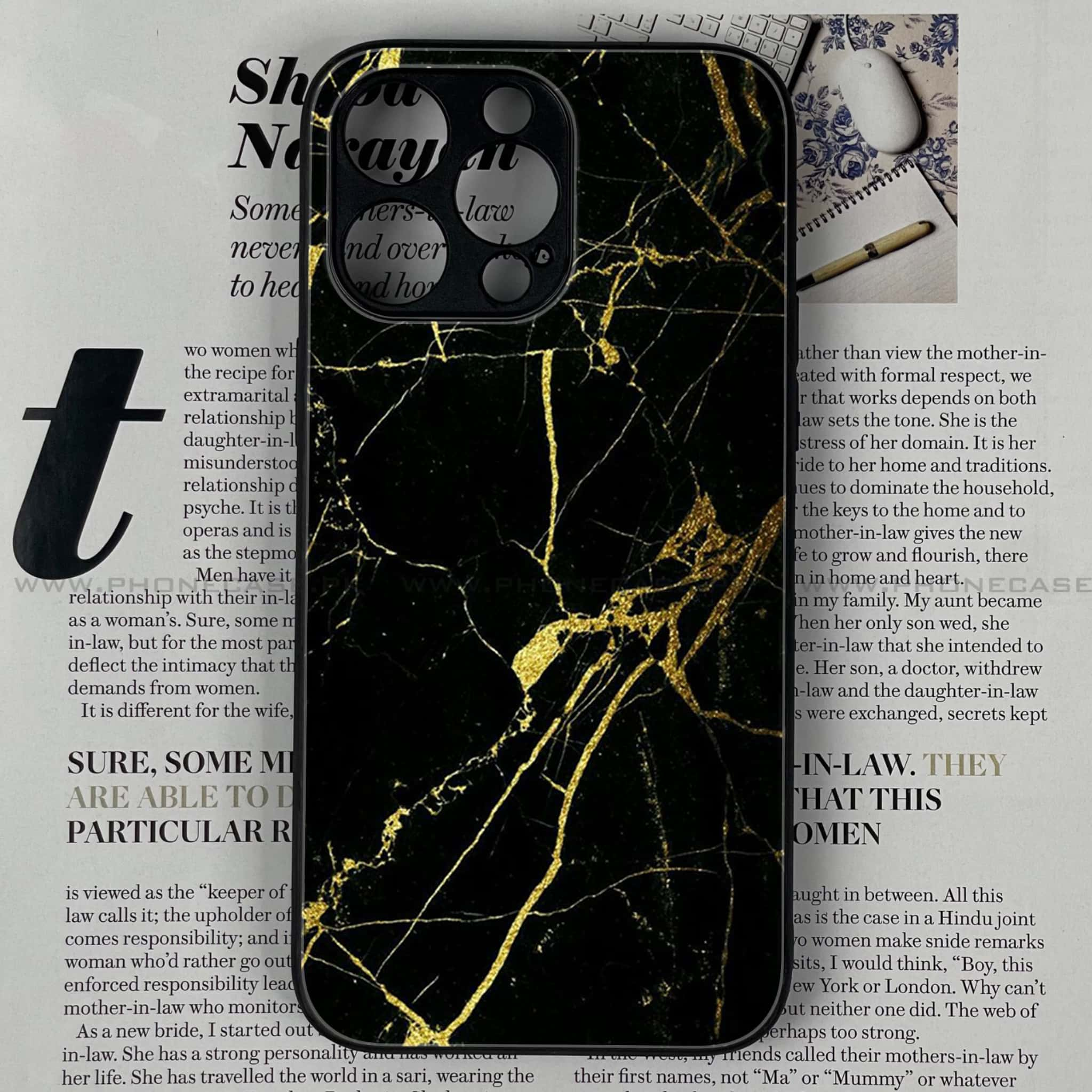 iPhone 14 Pro Max - Black Marble Series - Premium Printed Glass soft Bumper shock Proof Case