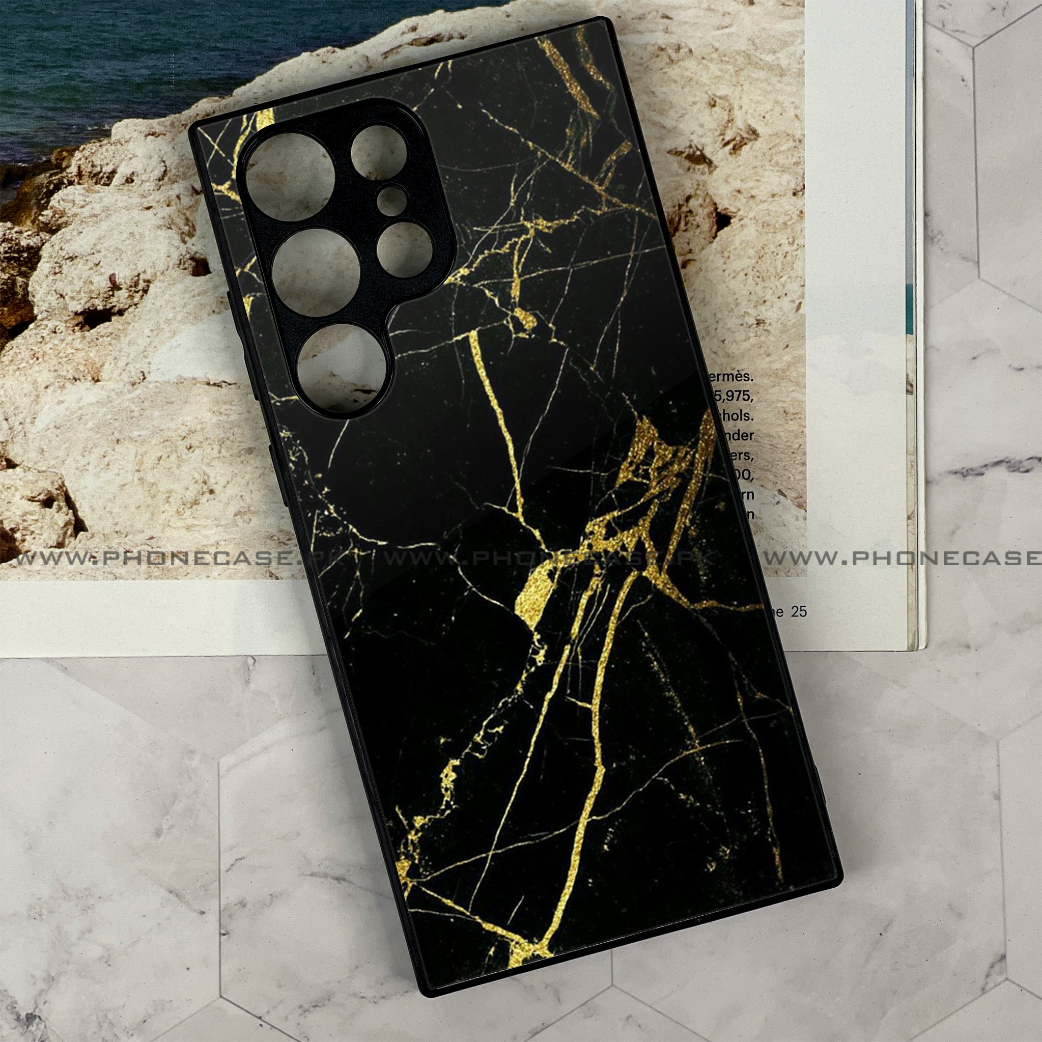 Samsung Galaxy S22 Ultra - Black Marble Series - Premium Printed Glass soft Bumper shock Proof Case