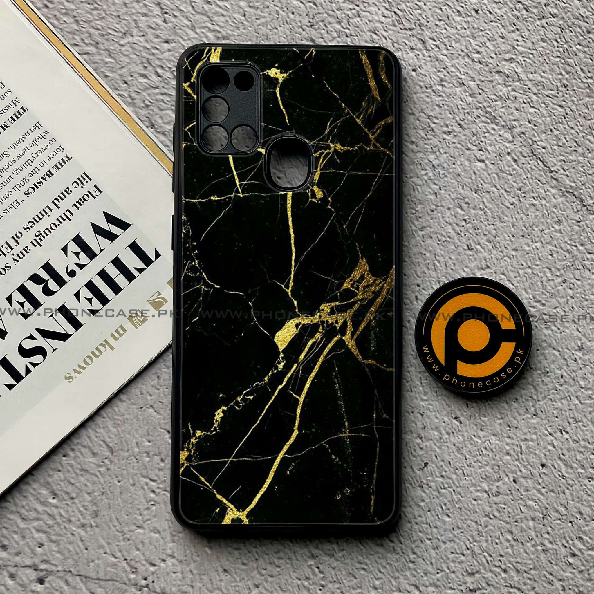 Samsung Galaxy A21s - Black Marble Series - Premium Printed Glass soft Bumper shock Proof Case