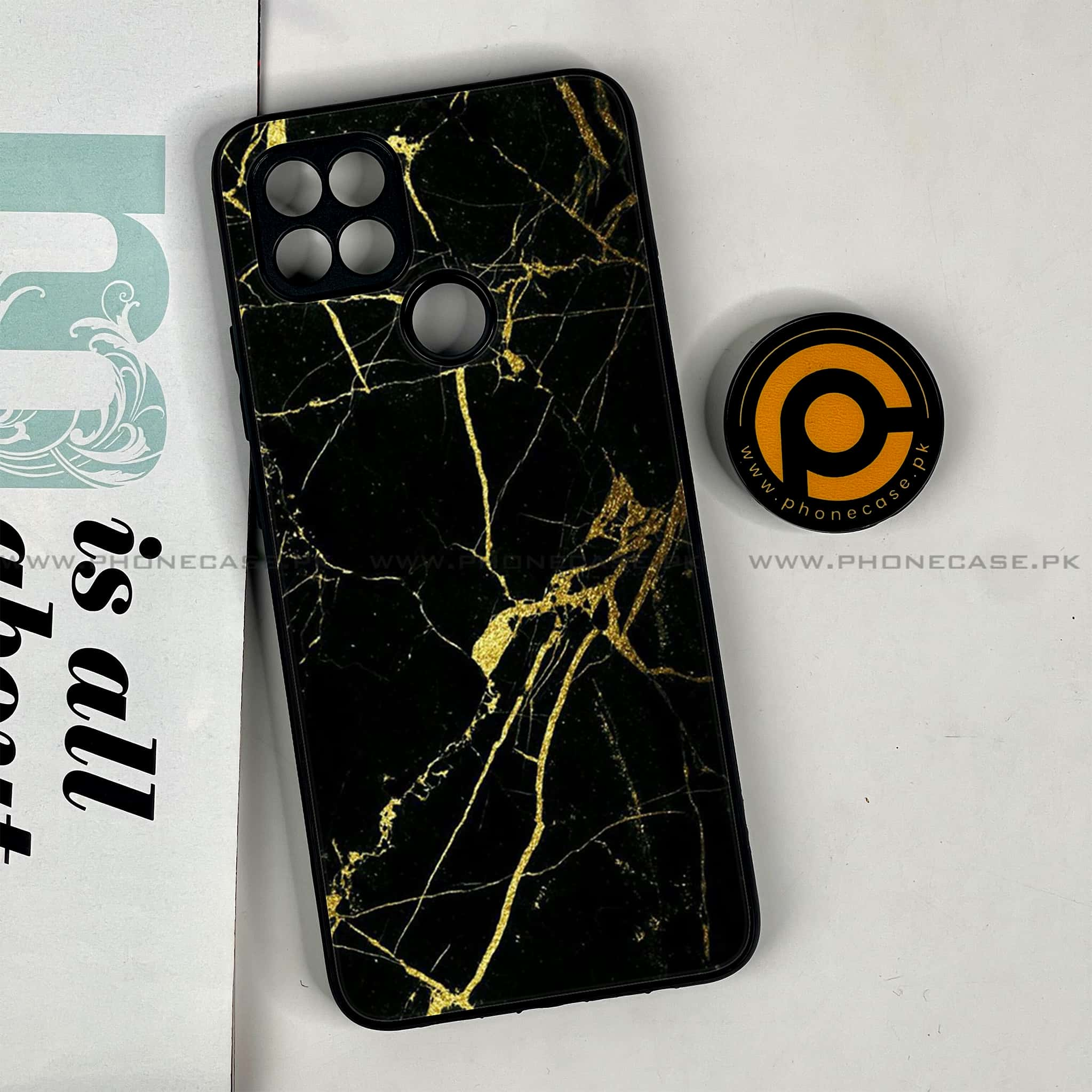 Oppo A15s - Black Marble Series - Premium Printed Glass soft Bumper shock Proof Case