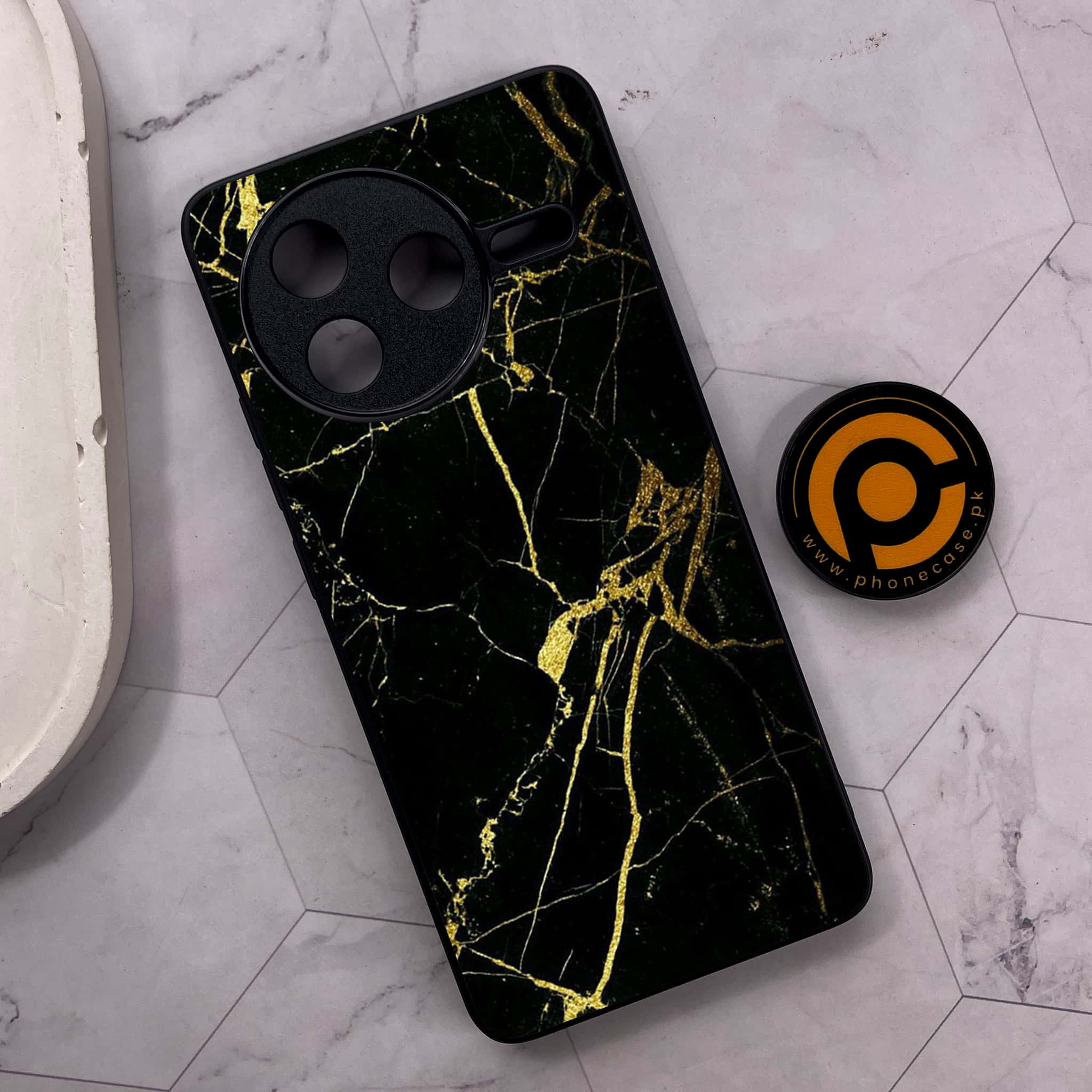 Xiaomi Poco F7 Pro 5G - Black Marble Series - Premium Metal Printed soft Bumper shock Proof Case