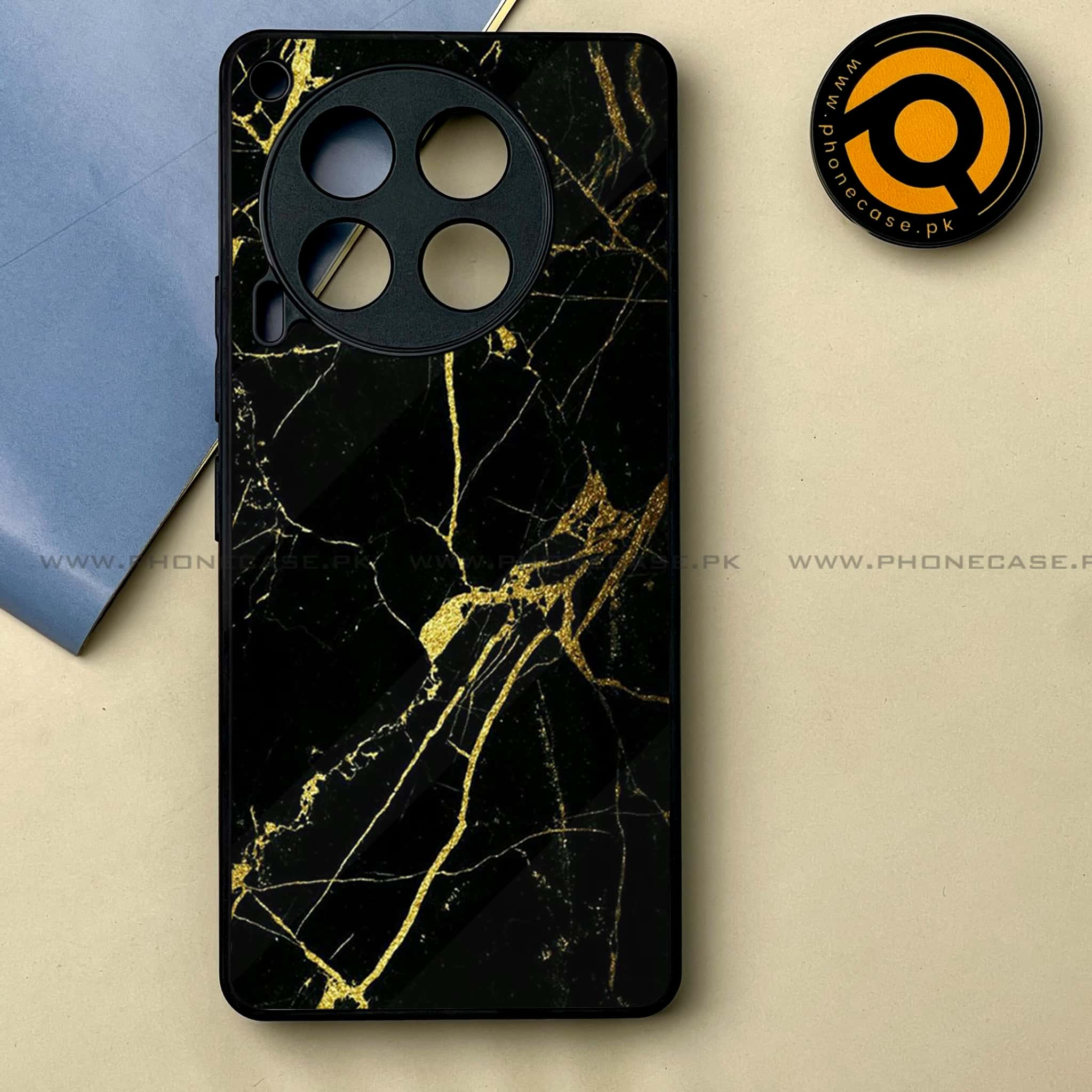 Tecno Camon 30 - Black Marble Series -  Premium Printed Metal soft Bumper shock Proof Case