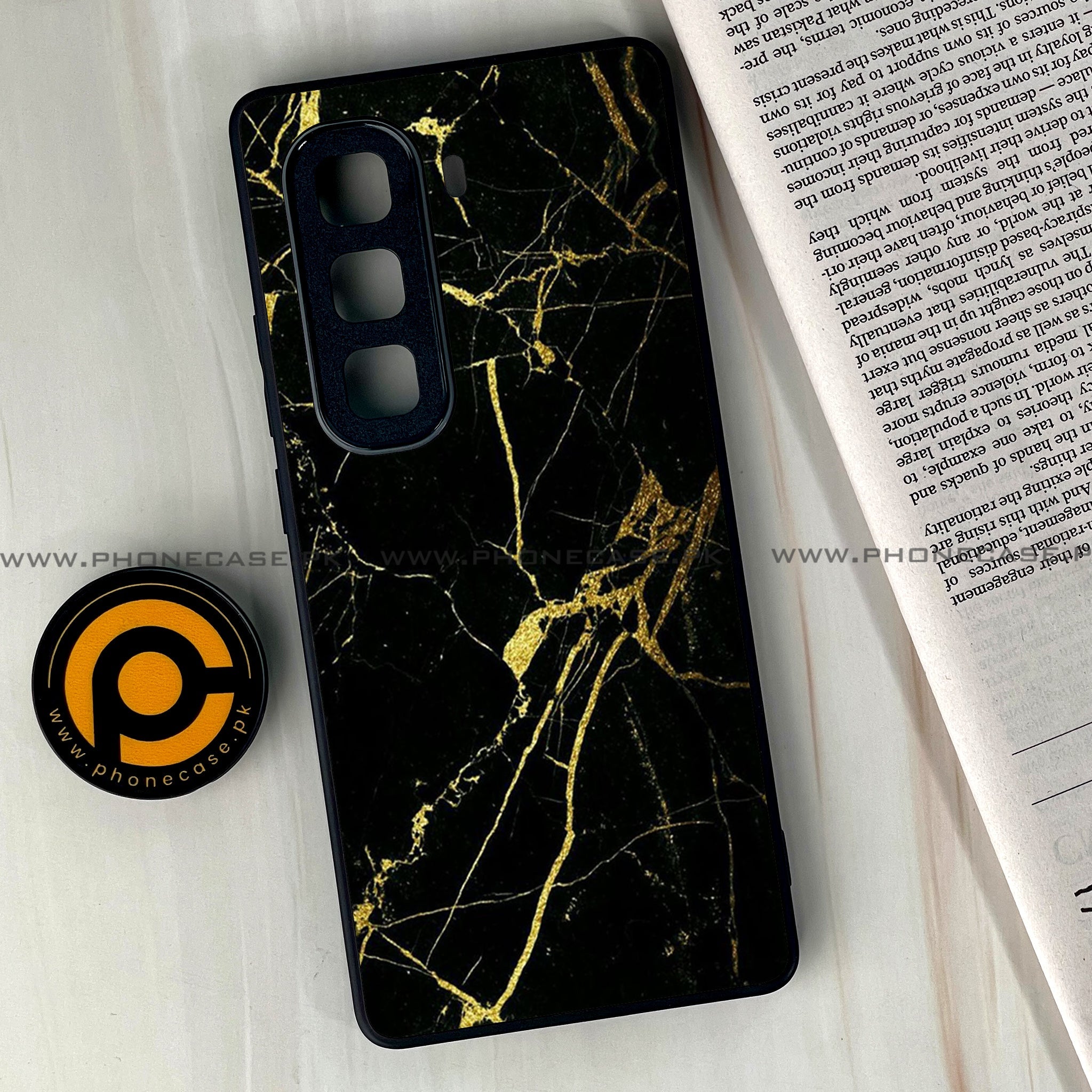 Infinix Hot 60  - Black Marble Series - Premium Metal Printed soft Bumper shock Proof Case
