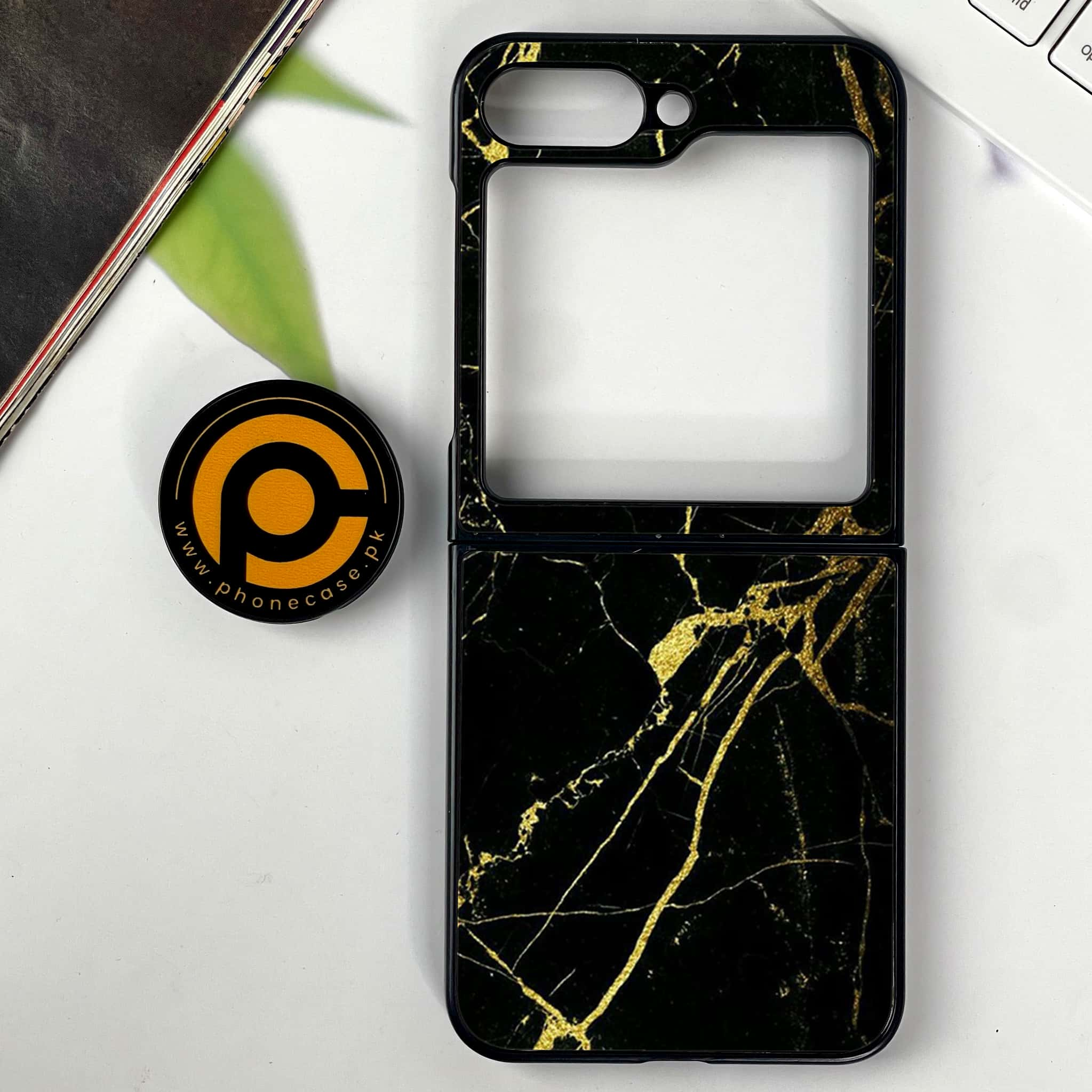 Galaxy Z Flip 6 - Black Marble Series - Premium Printed Glass soft Bumper shock Proof Case