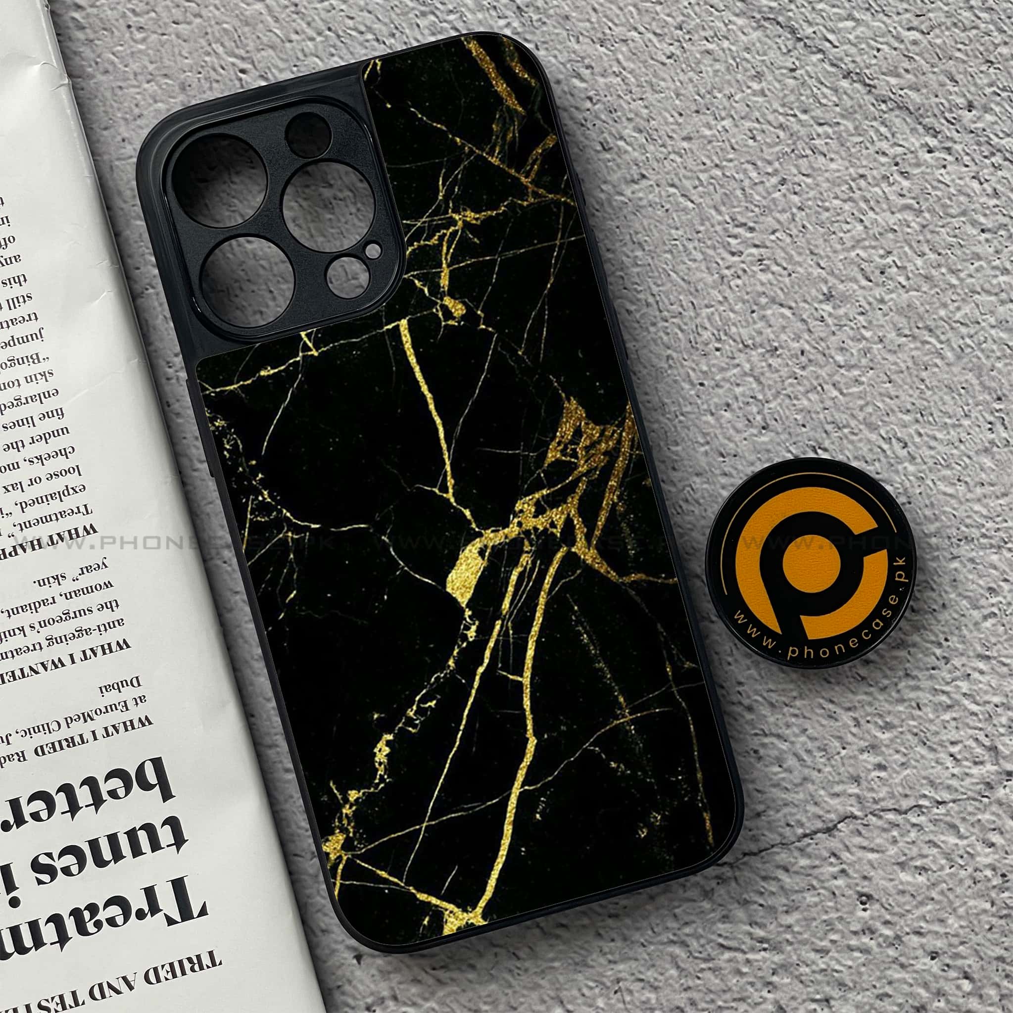 iPhone 15 Pro - Black Marble Series - Premium Metal Printed soft Bumper shock Proof Case