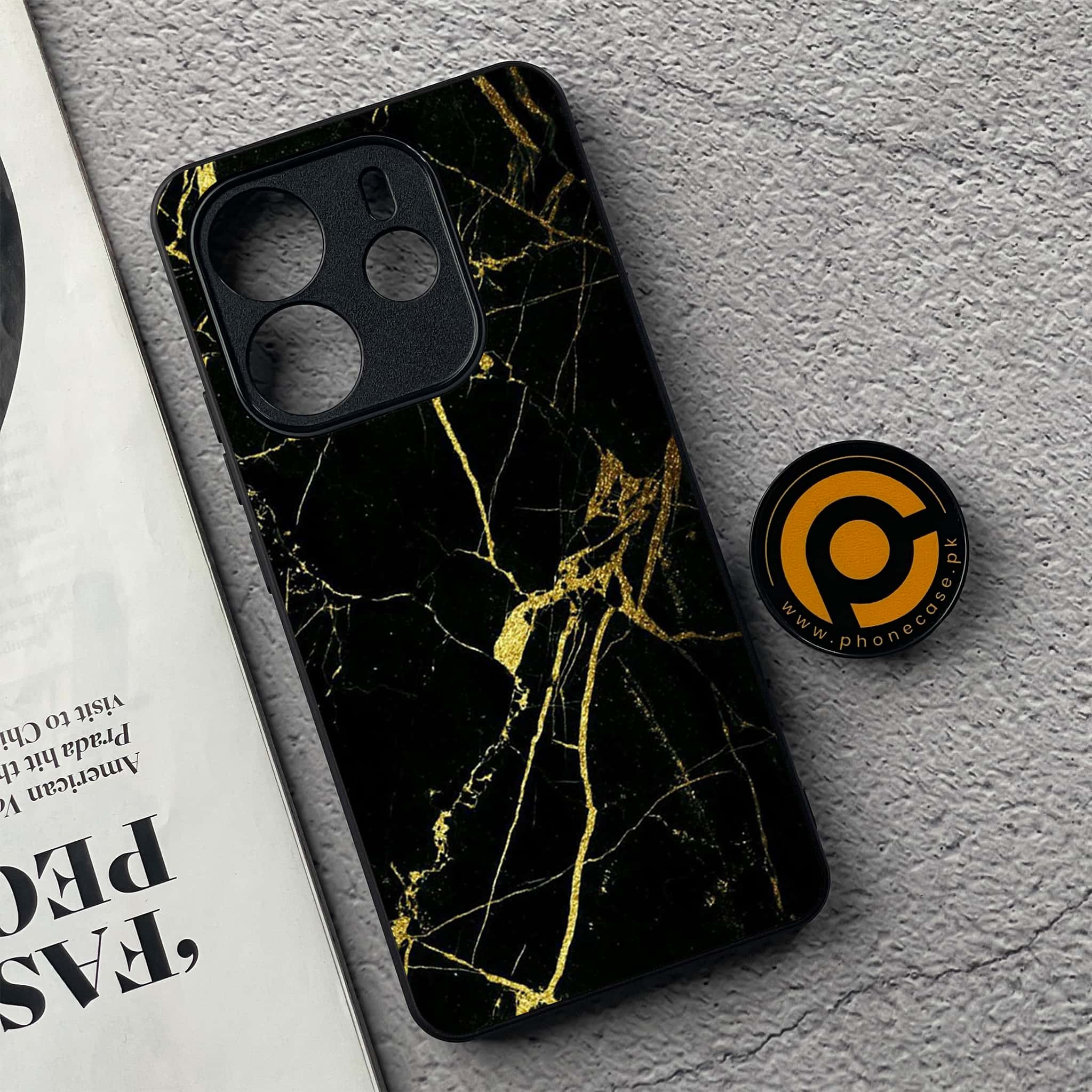 Xiaomi Redmi Note 14 - Black Marble Series - Premium Printed Glass soft Bumper shock Proof Case