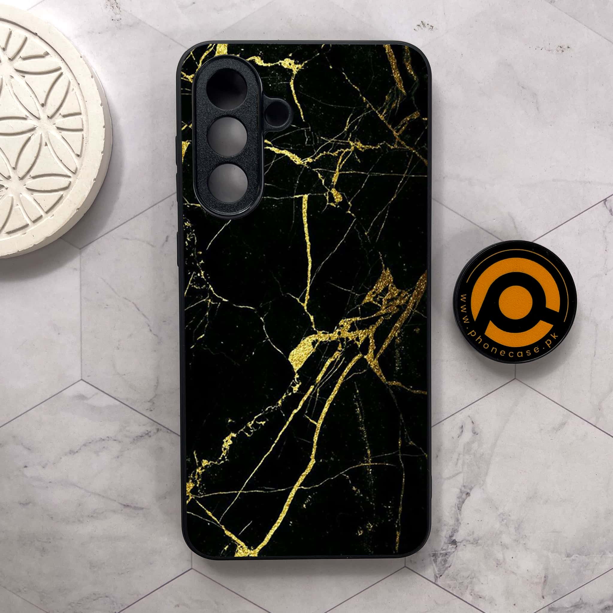 Samsung Galaxy A56 5G -  Black Marble Series - Premium Metal Printed soft Bumper shock Proof Case